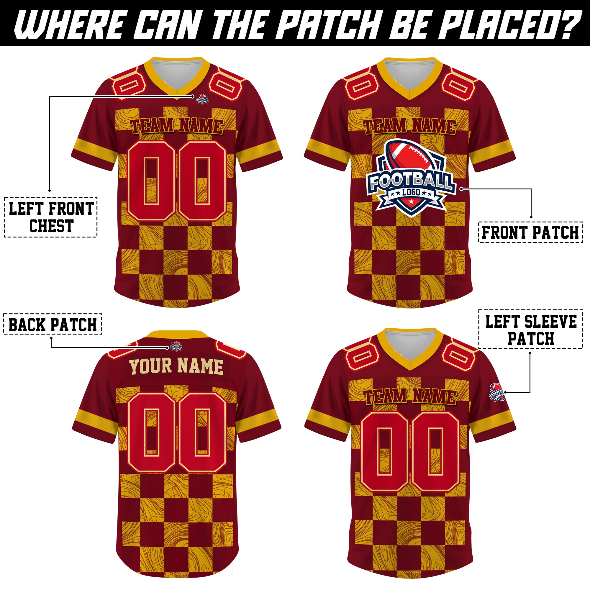 Custom Red Gold Chess Pattern Football Jersey, Game Day Outfit For American Football Fan