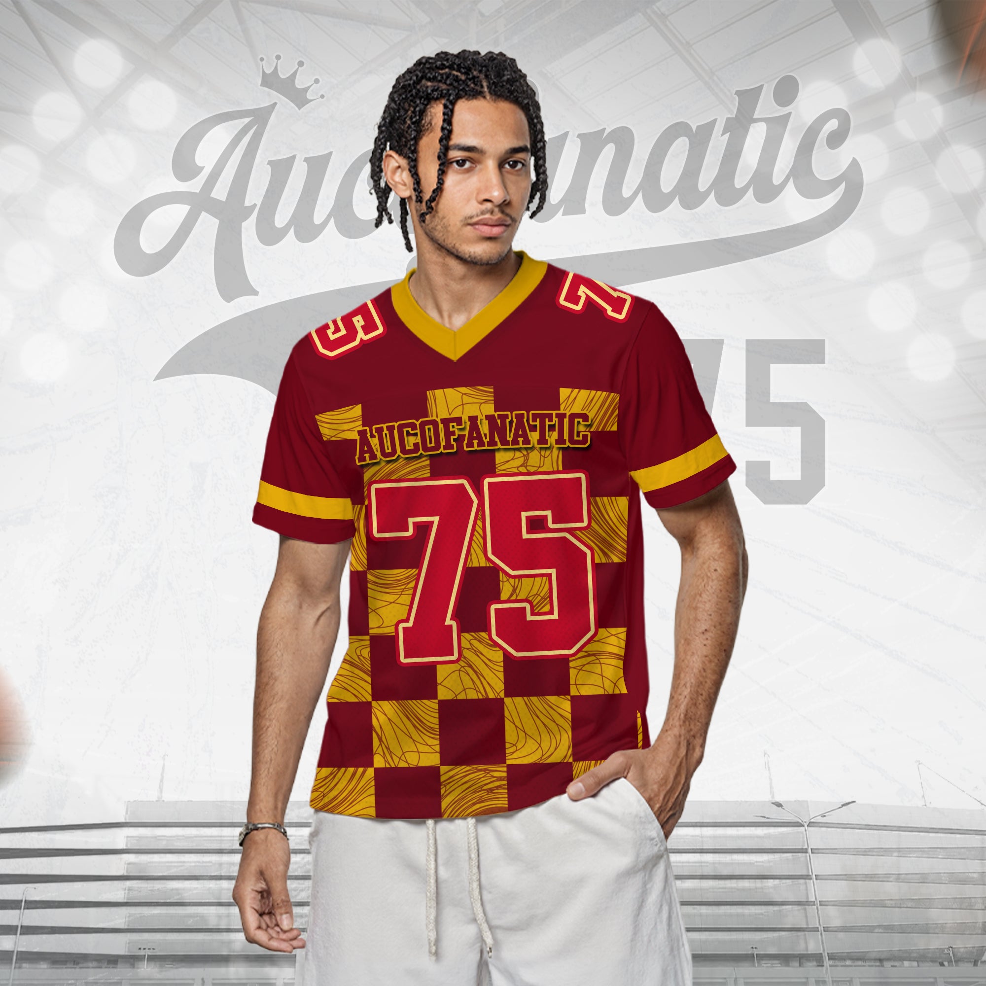 Custom Red Gold Chess Pattern Football Jersey, Game Day Outfit For American Football Fan