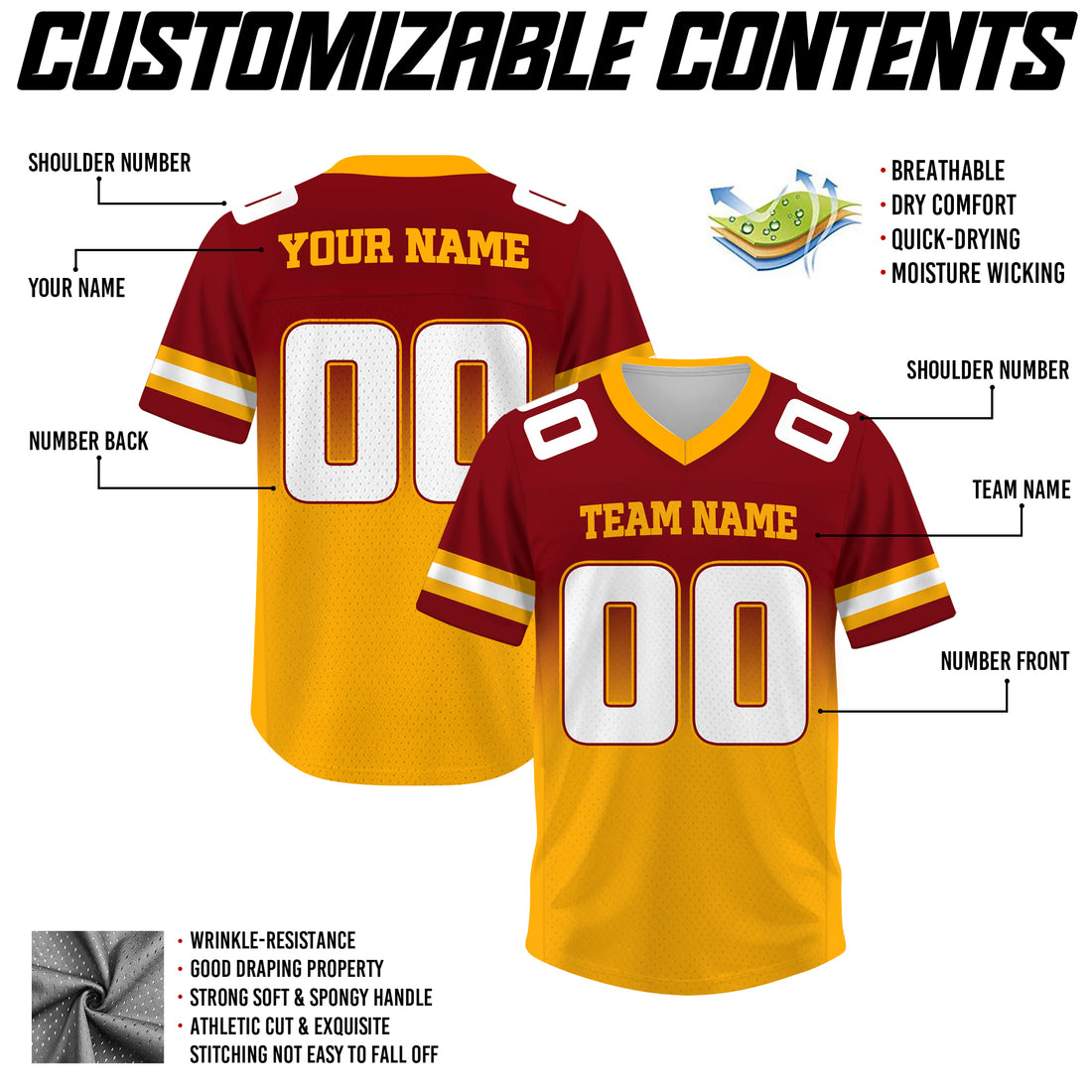 Custom Red Gold Gradient Football Jersey, Personalized Team Name Number Football Jersey for Men Women Youth