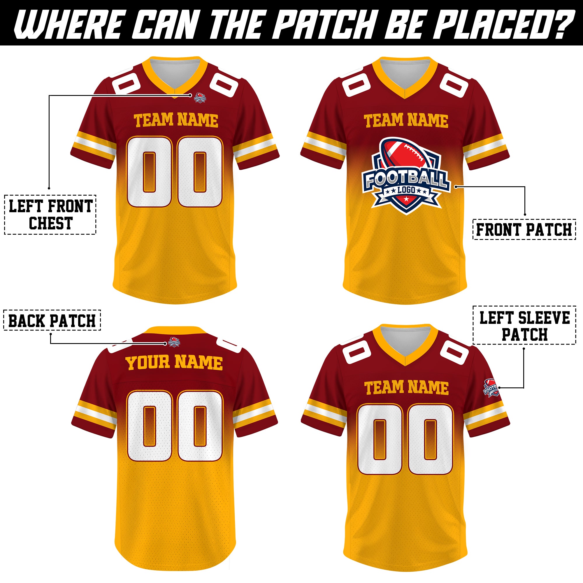 Custom Red Gold Gradient Football Jersey, Personalized Team Name Number Football Jersey for Men Women Youth