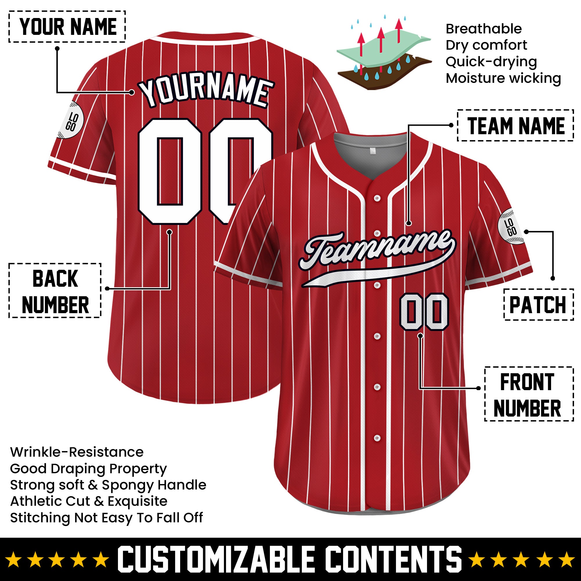 Custom Red White Pinstripe Baseball Jersey