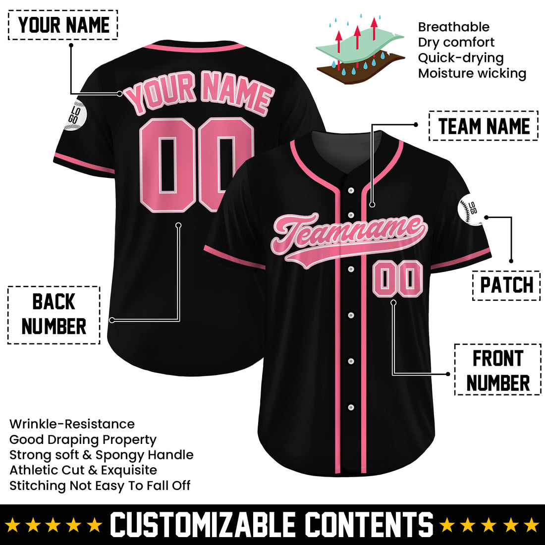 Custom Rose Noir Black Baseball Jersey
