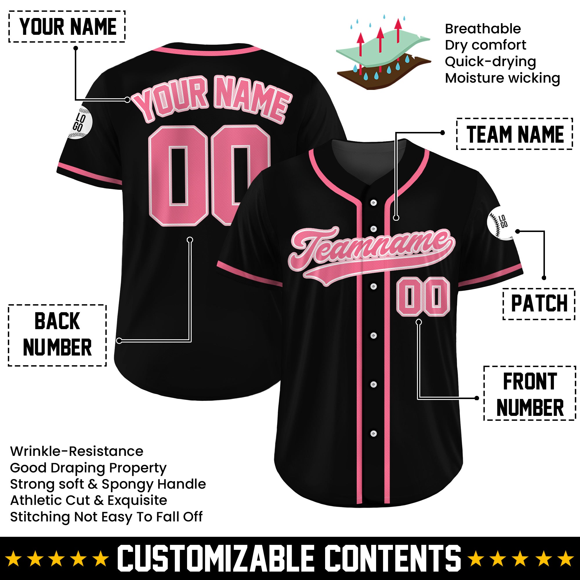 Custom Rose Noir Black Baseball Jersey
