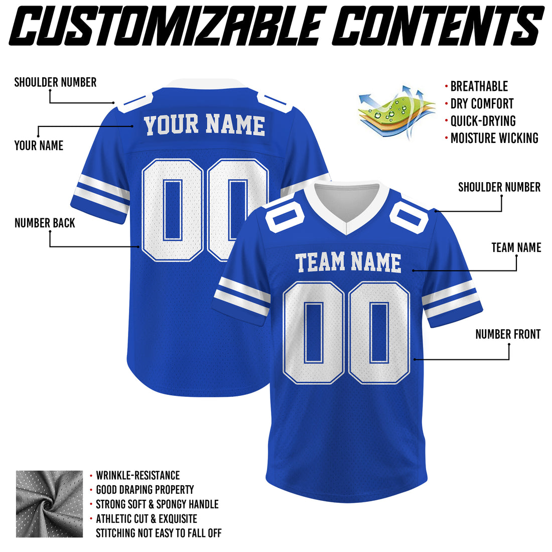 Custom Royal Blue Football Jersey, Personalized Name Number Logo Football Jersey for Men Women