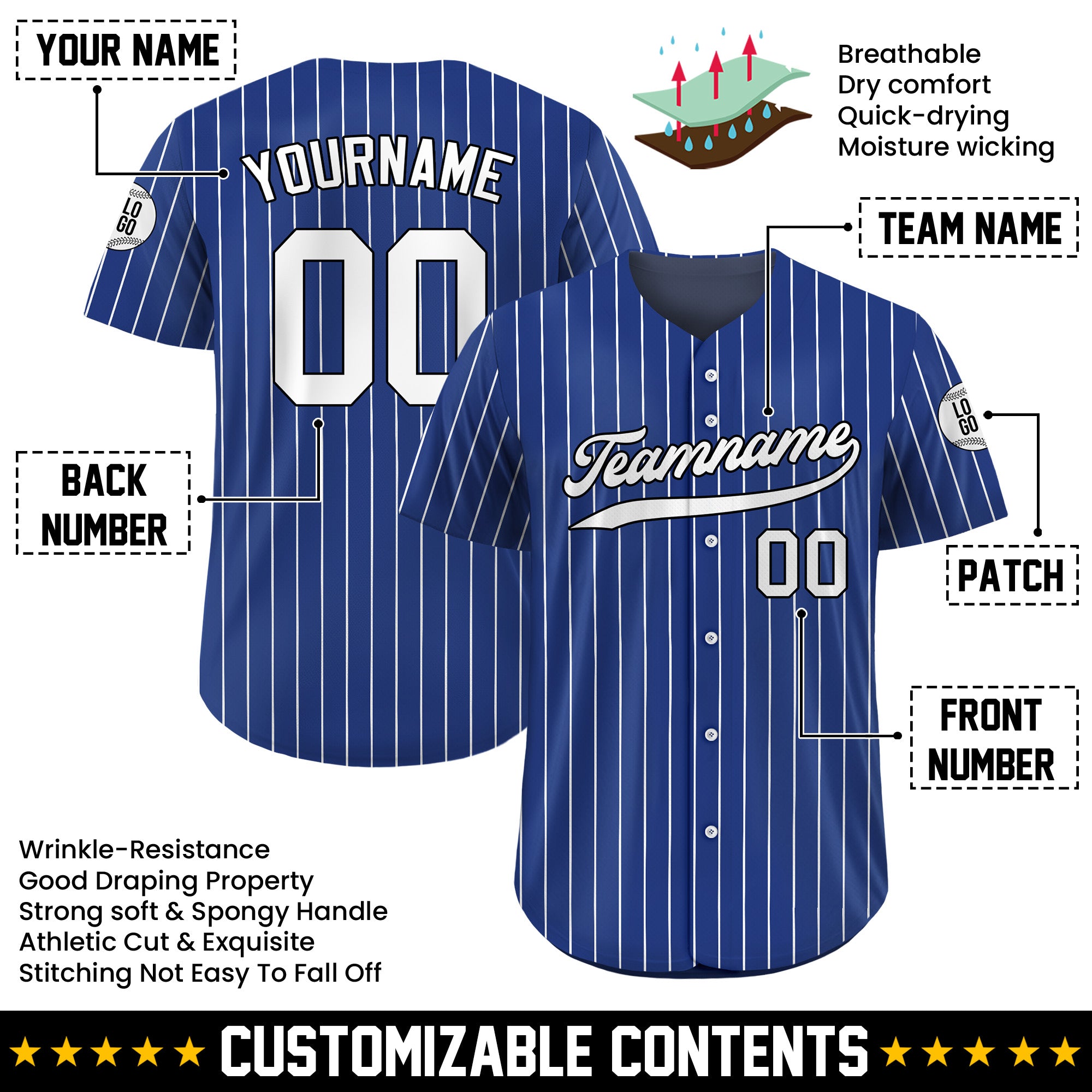 Custom Royal Blue White Pinstripe Baseball Jersey, Custom Jerseys Shirt for Men Women