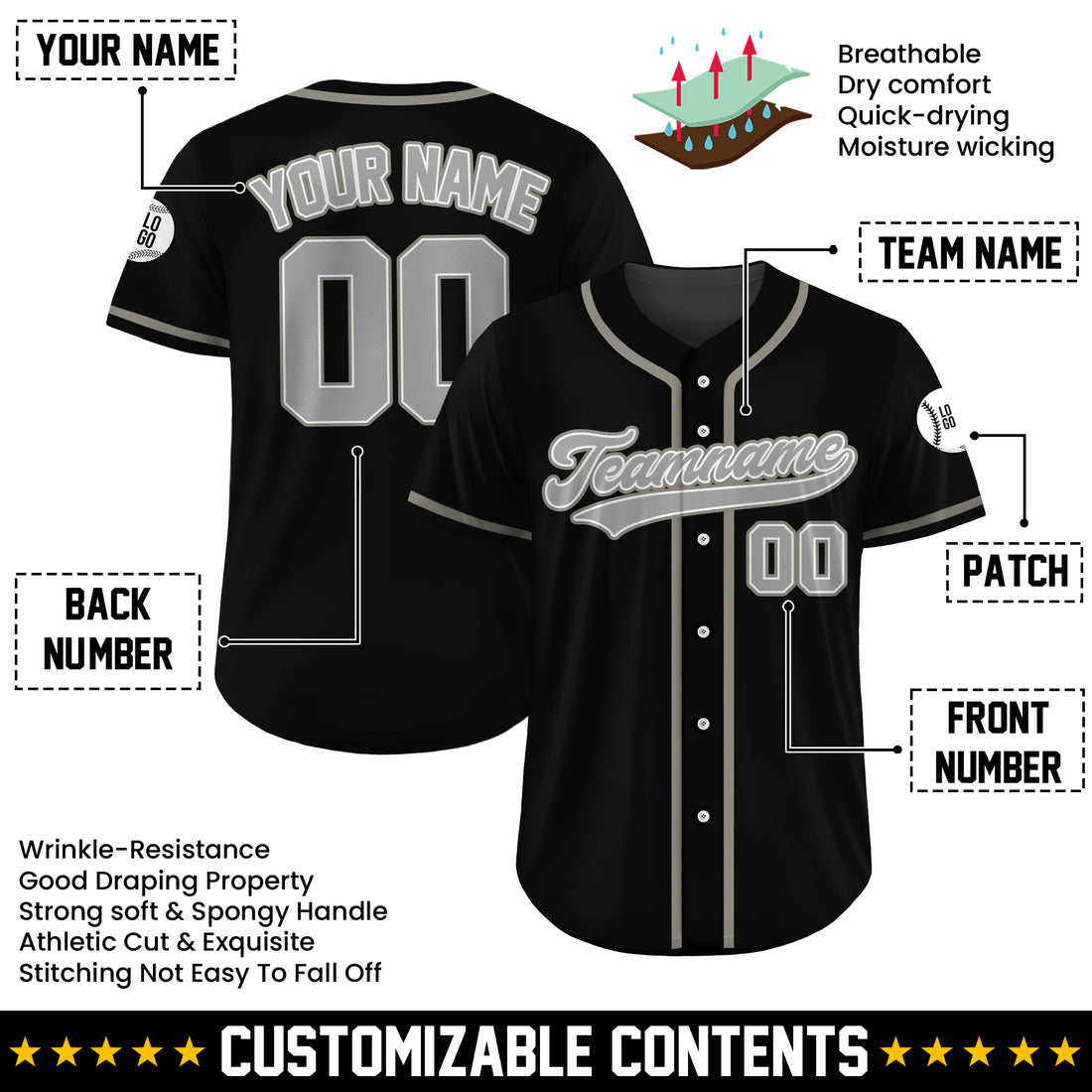 Custom Shadow Steel Black Baseball Jersey