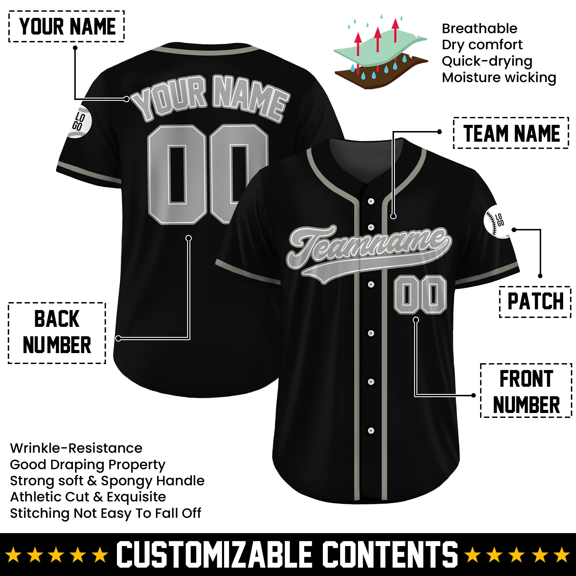 Custom Shadow Steel Black Baseball Jersey