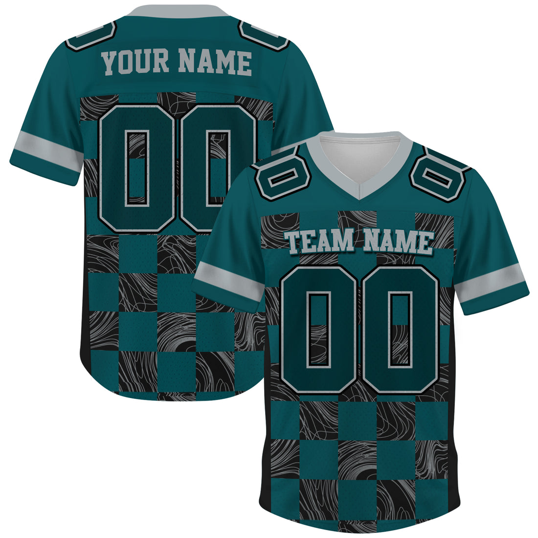 Custom Teal Black Chess Pattern Football Jersey, Custom Jersey Gift for Men Women Kid