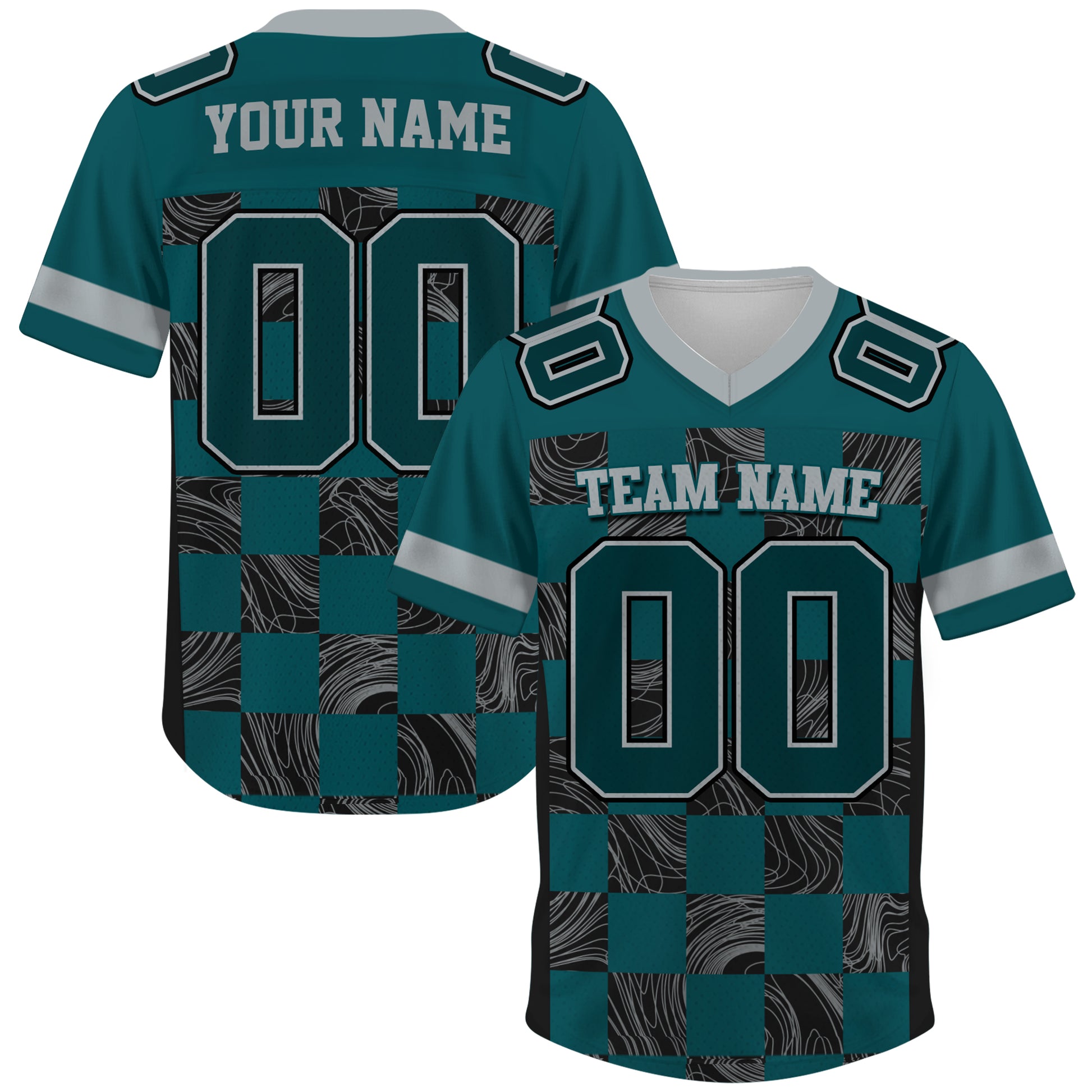 Custom Teal Black Chess Pattern Football Jersey, Custom Jersey Gift for Men Women Kid