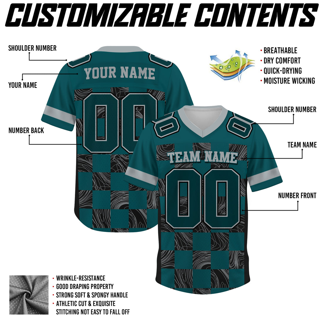 Custom Teal Black Chess Pattern Football Jersey, Custom Jersey Gift for Men Women Kid