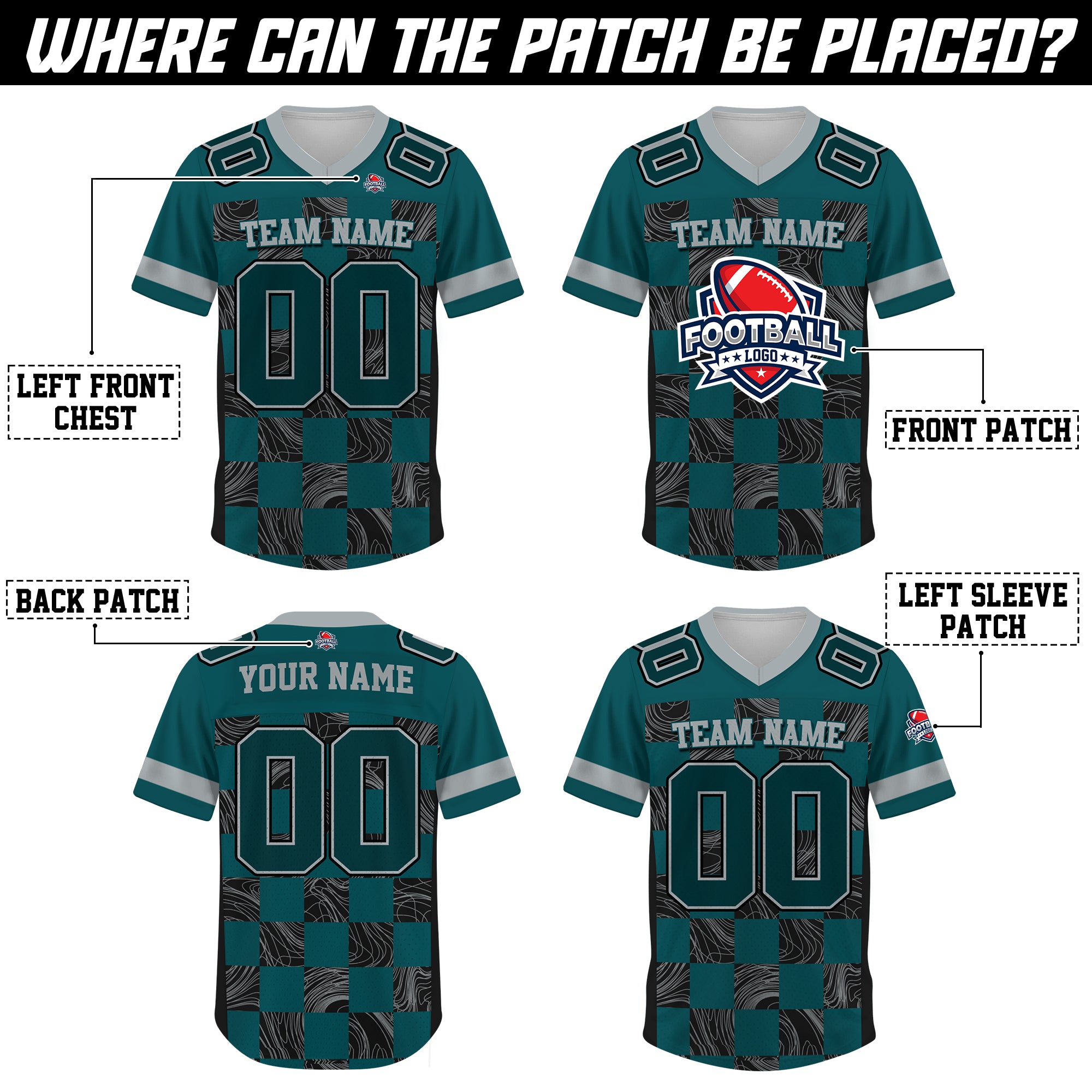 Custom Teal Black Chess Pattern Football Jersey, Custom Jersey Gift for Men Women Kid