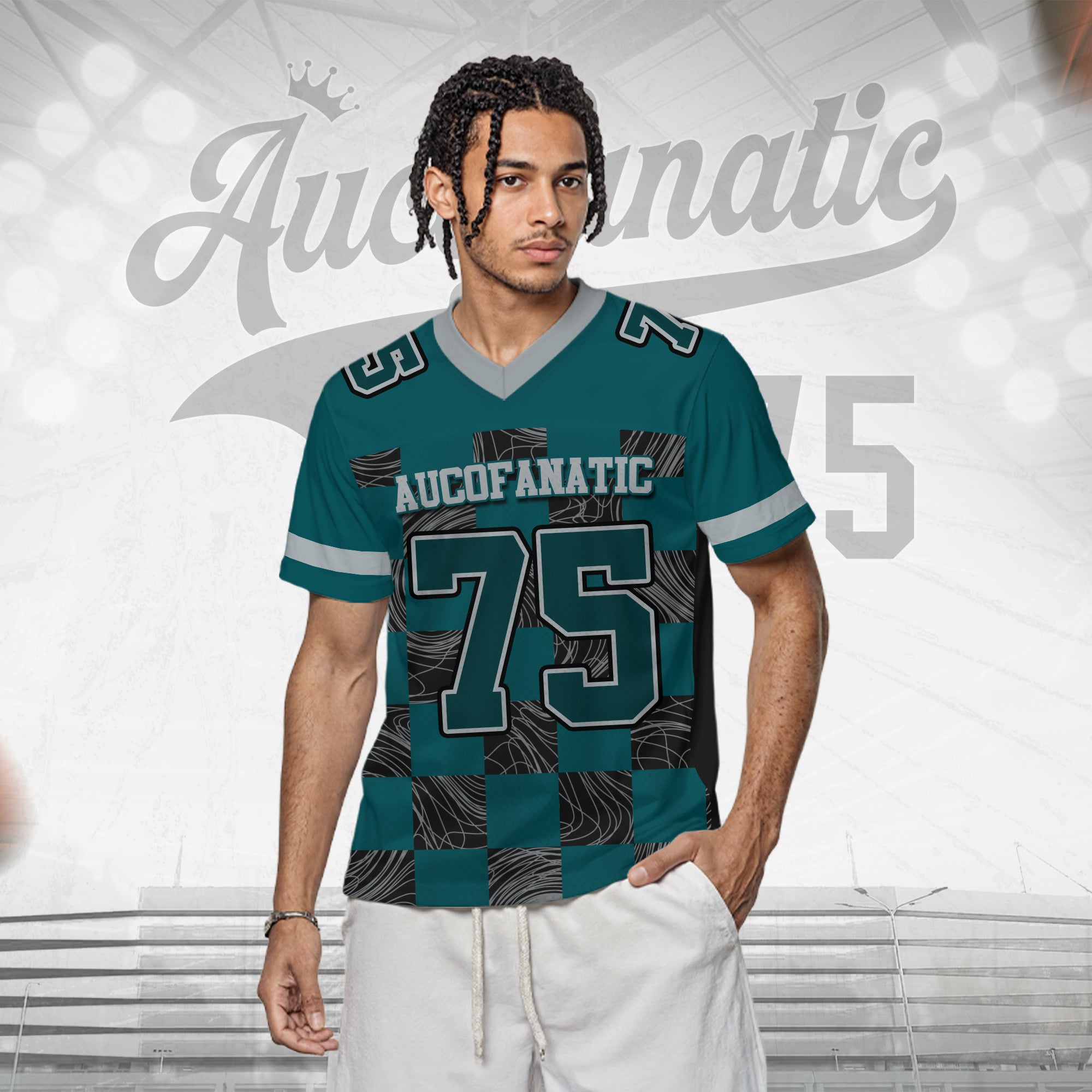 Custom Teal Black Chess Pattern Football Jersey, Custom Jersey Gift for Men Women Kid