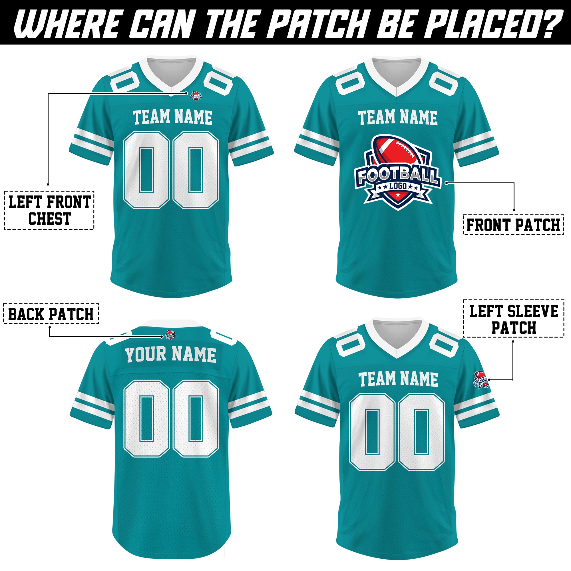 Custom Teal Football Jersey, Personalized Name Number Logo Football Jersey for Men Women