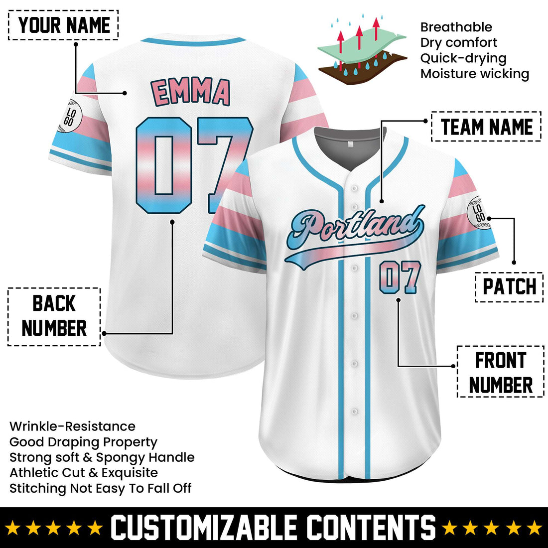 Custom Transgender Pride Baseball Jersey