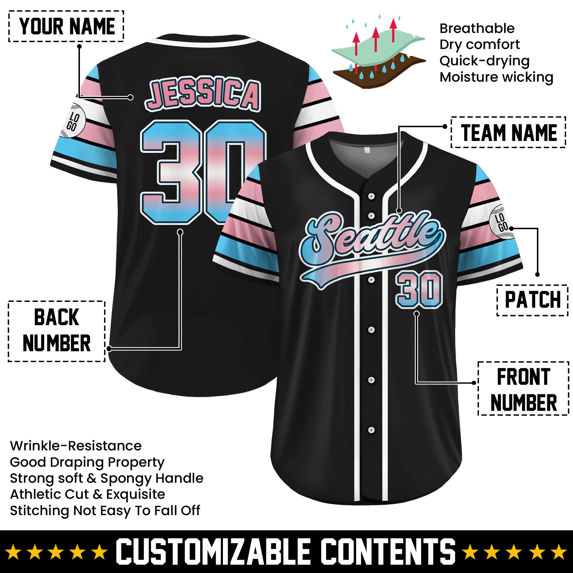 Custom Transgender Pride Black Baseball Jersey