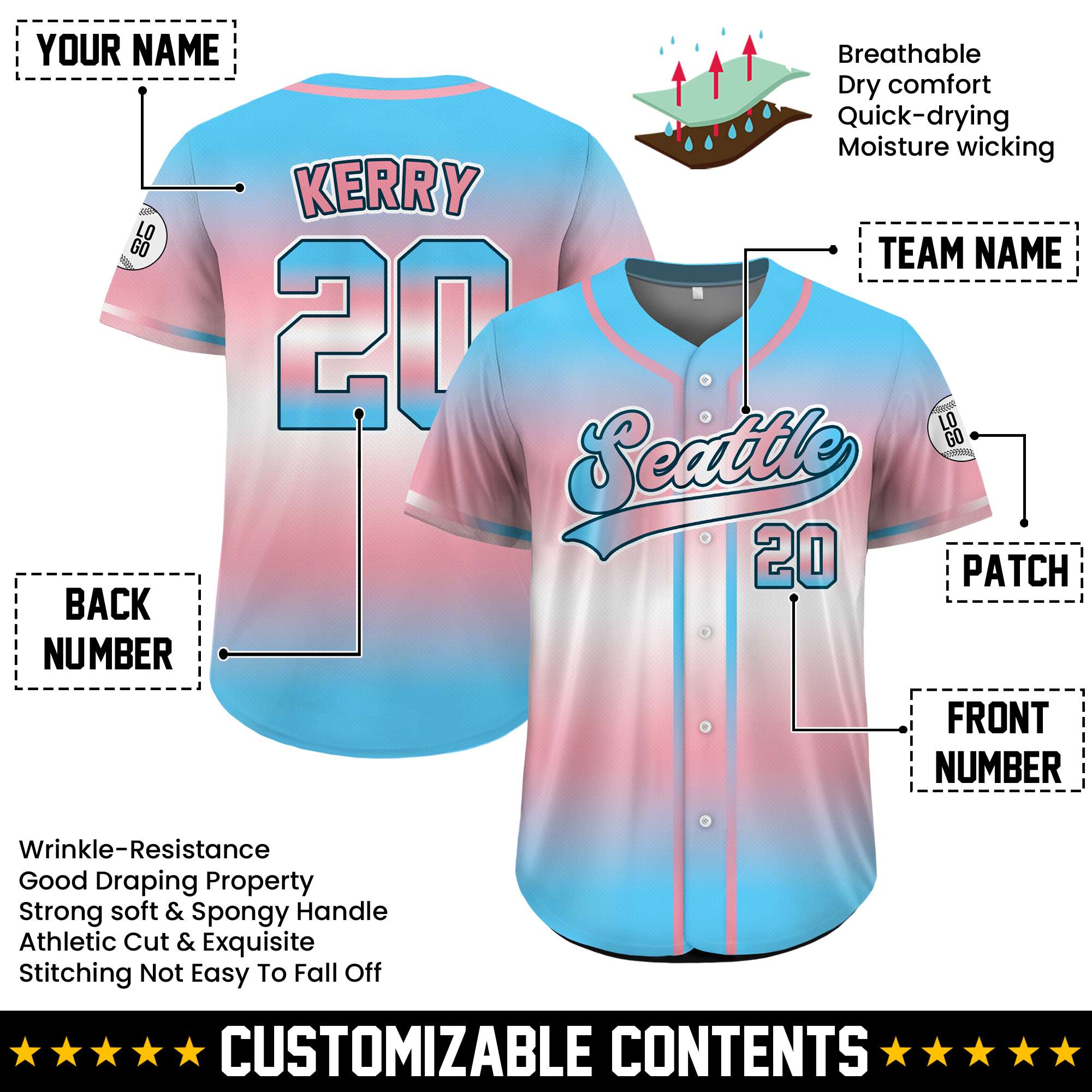 Custom Transgender Pride Gradient Baseball Jersey