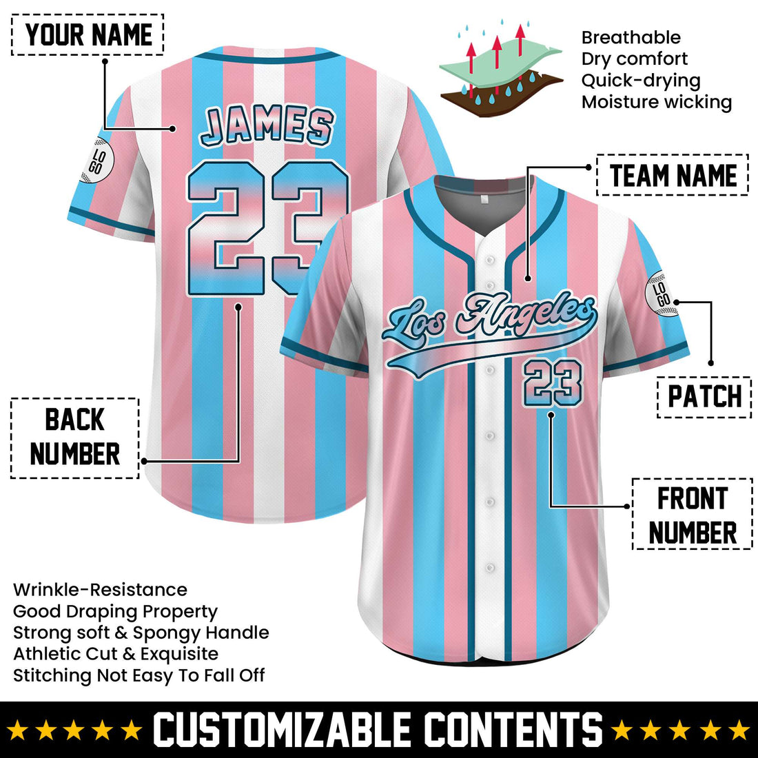 Custom Transgender Pride Striped Baseball Jersey