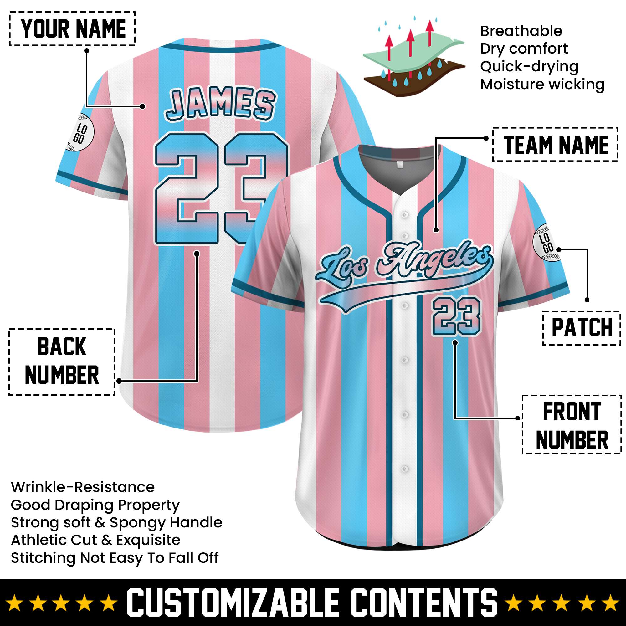 Custom Transgender Pride Striped Baseball Jersey