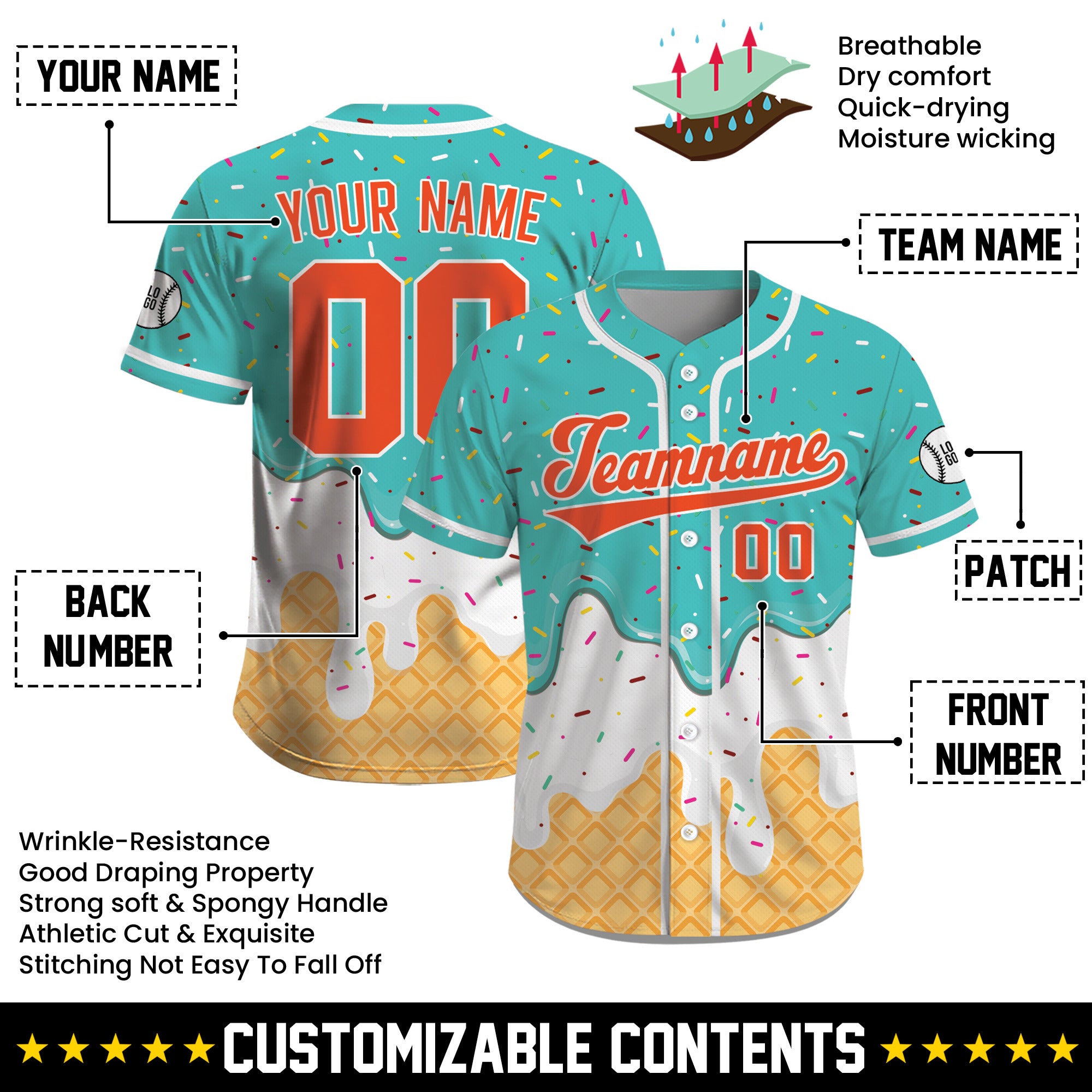 Custom Turquoise Coral Ice Cream Drip Baseball Shirt