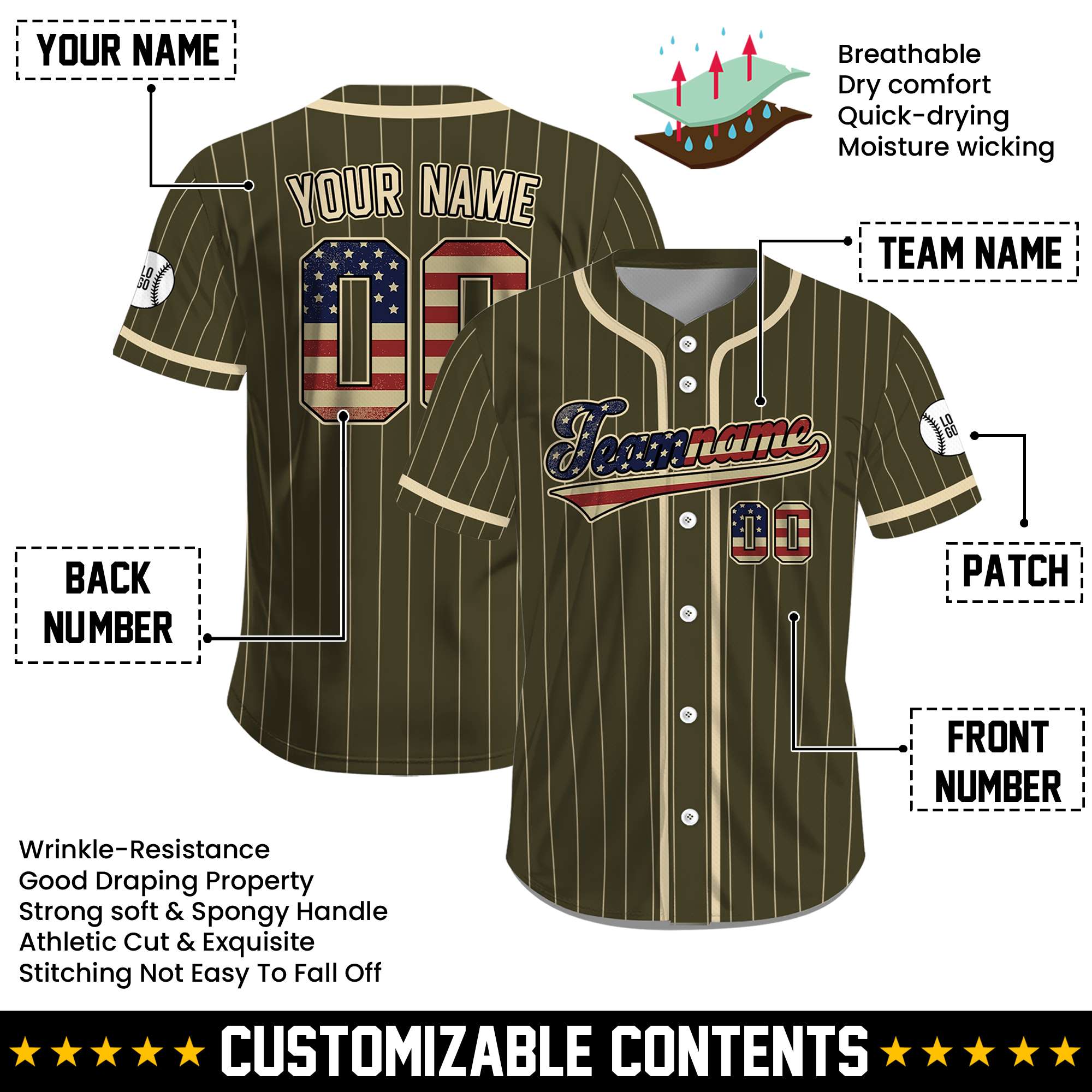 Custom USA Victory Stripes Military Green July 4th Jersey