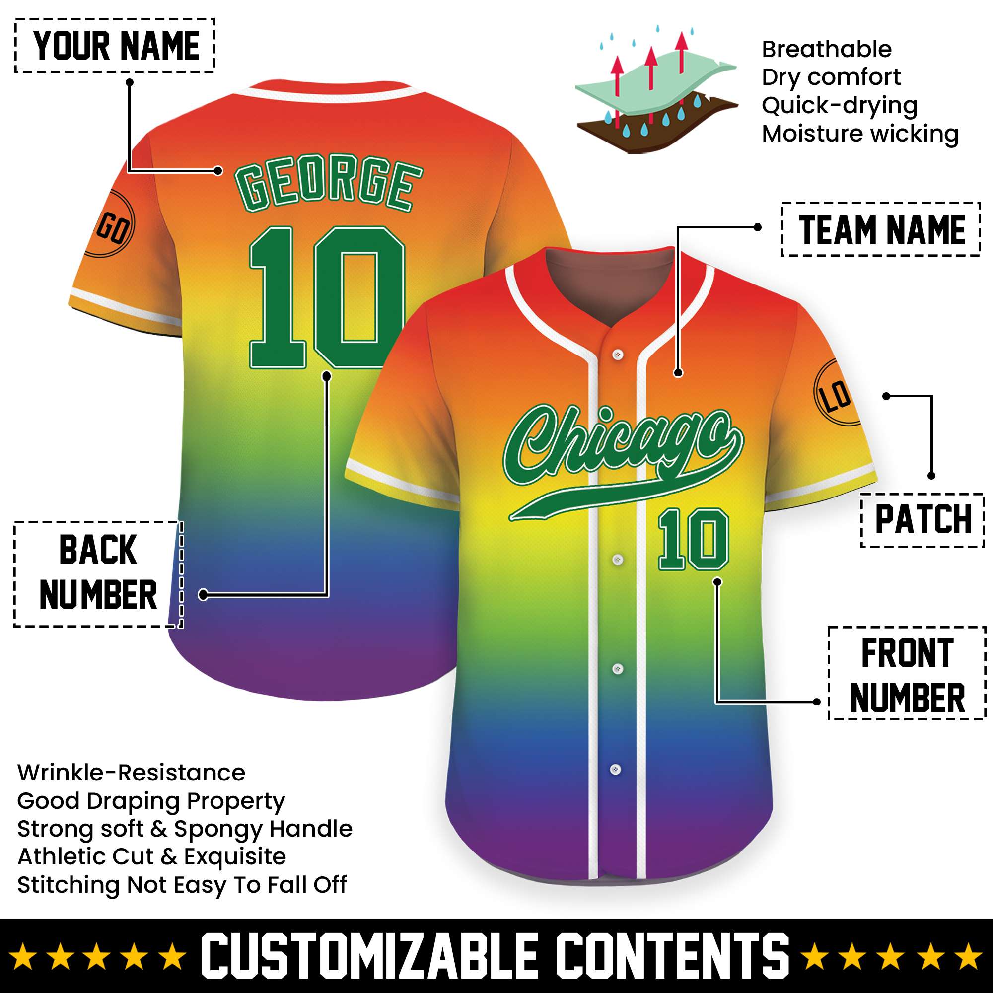 Custom Vibrant Rainbow Ombre Pride Baseball Jersey