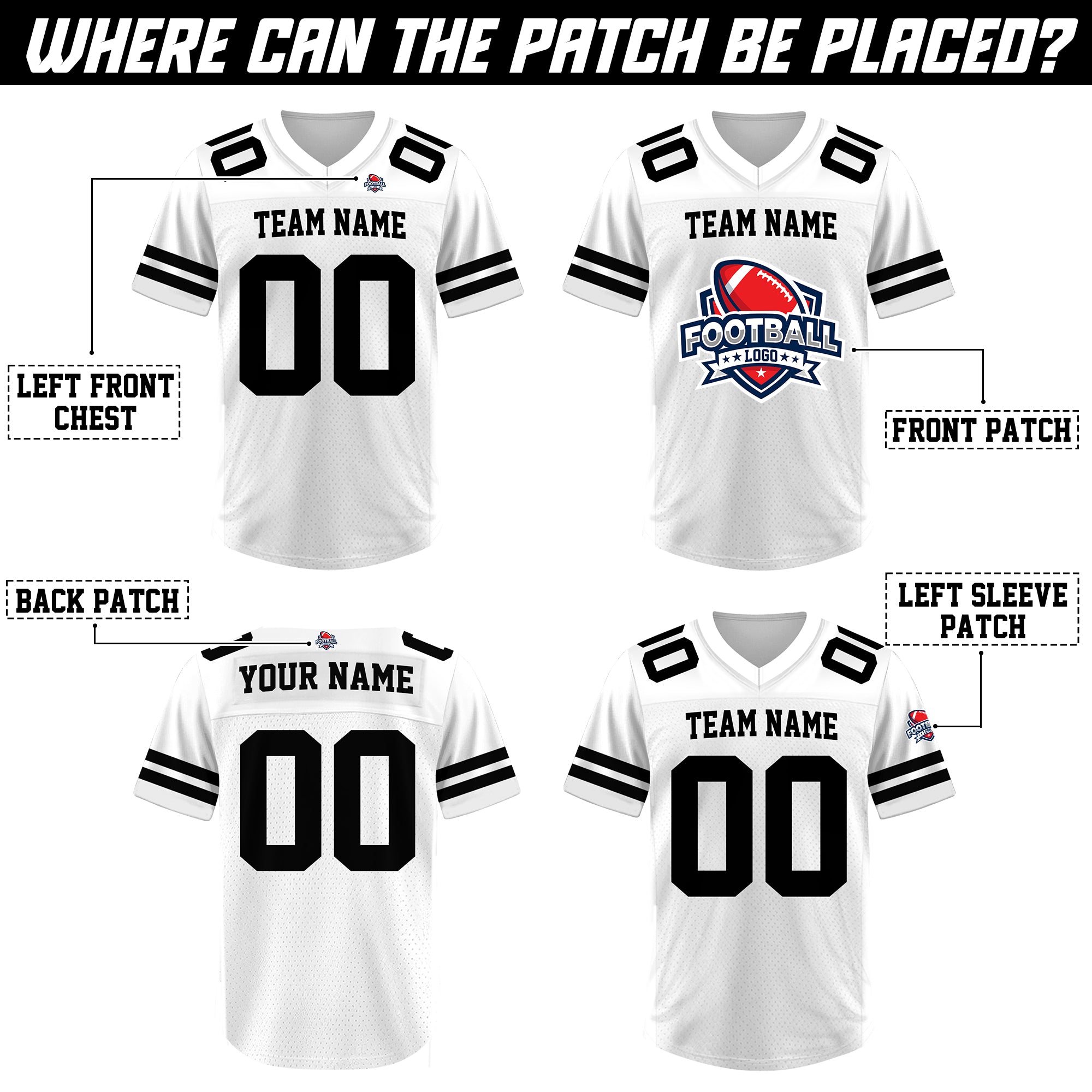 Custom White Black Football Jersey, Personalized Name Number  Logo Football Jerseys for Men Women Youth