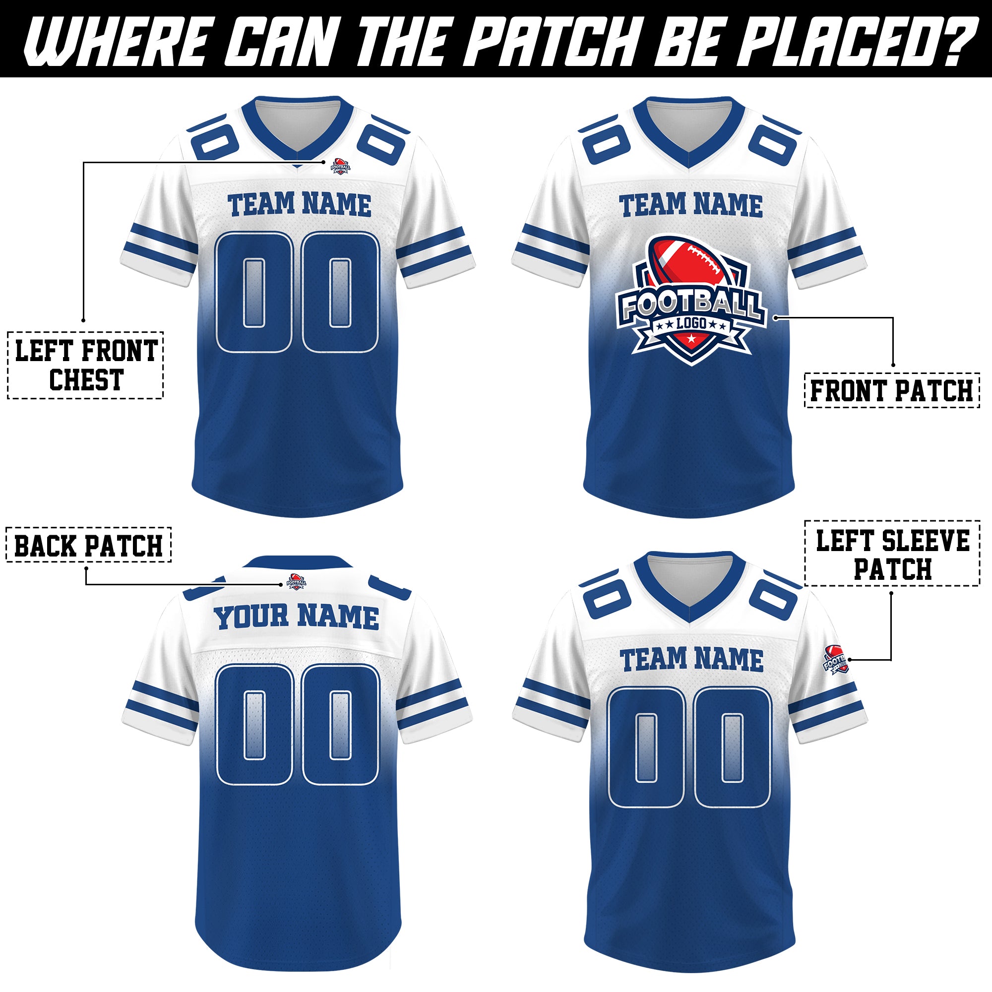Custom White Blue Gradient Football Jersey, Personalized Team Name Number Football Jersey for Men Women Youth