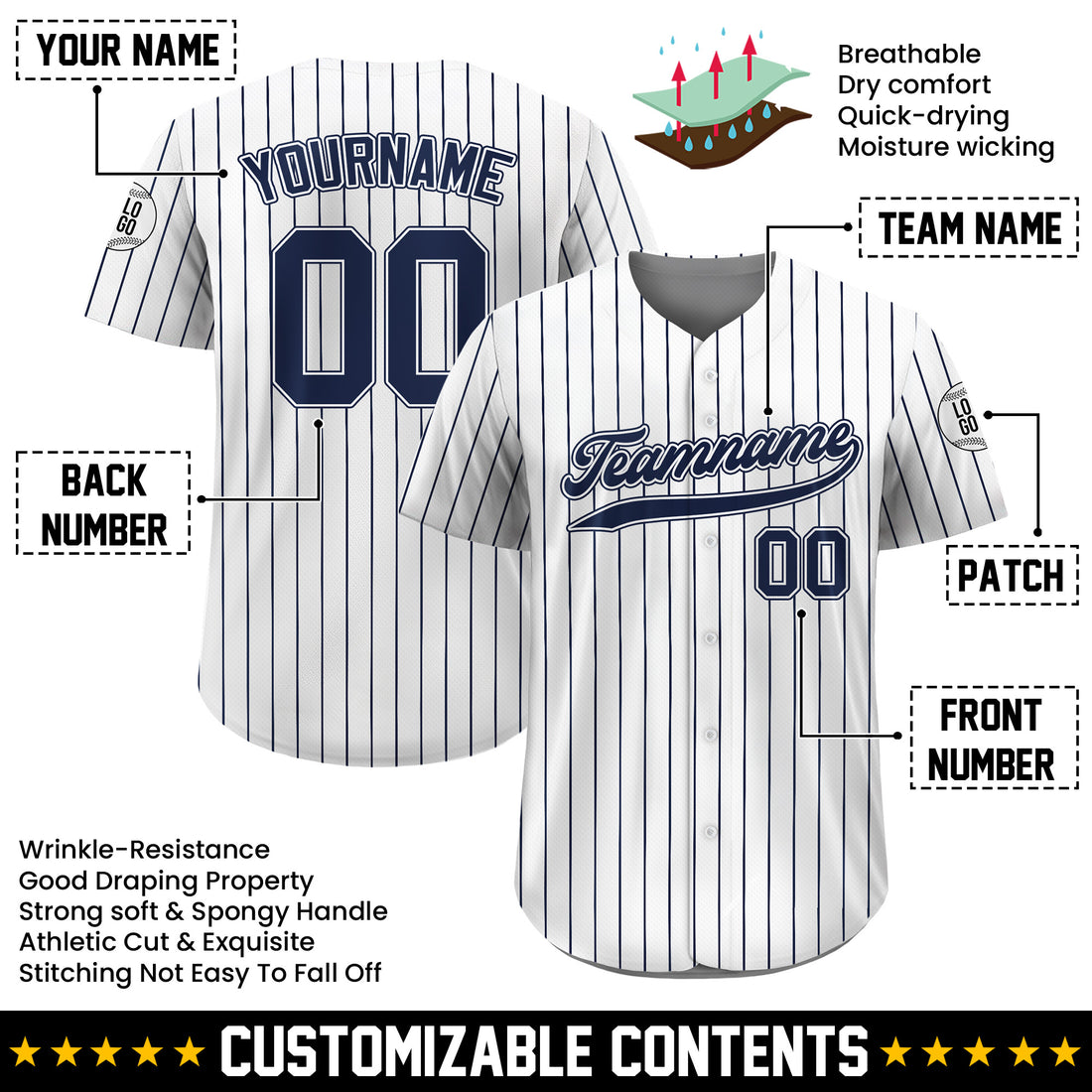 Custom White Navy Striped Baseball Jersey, Jerseys Shirt for Men Women Youth Kid