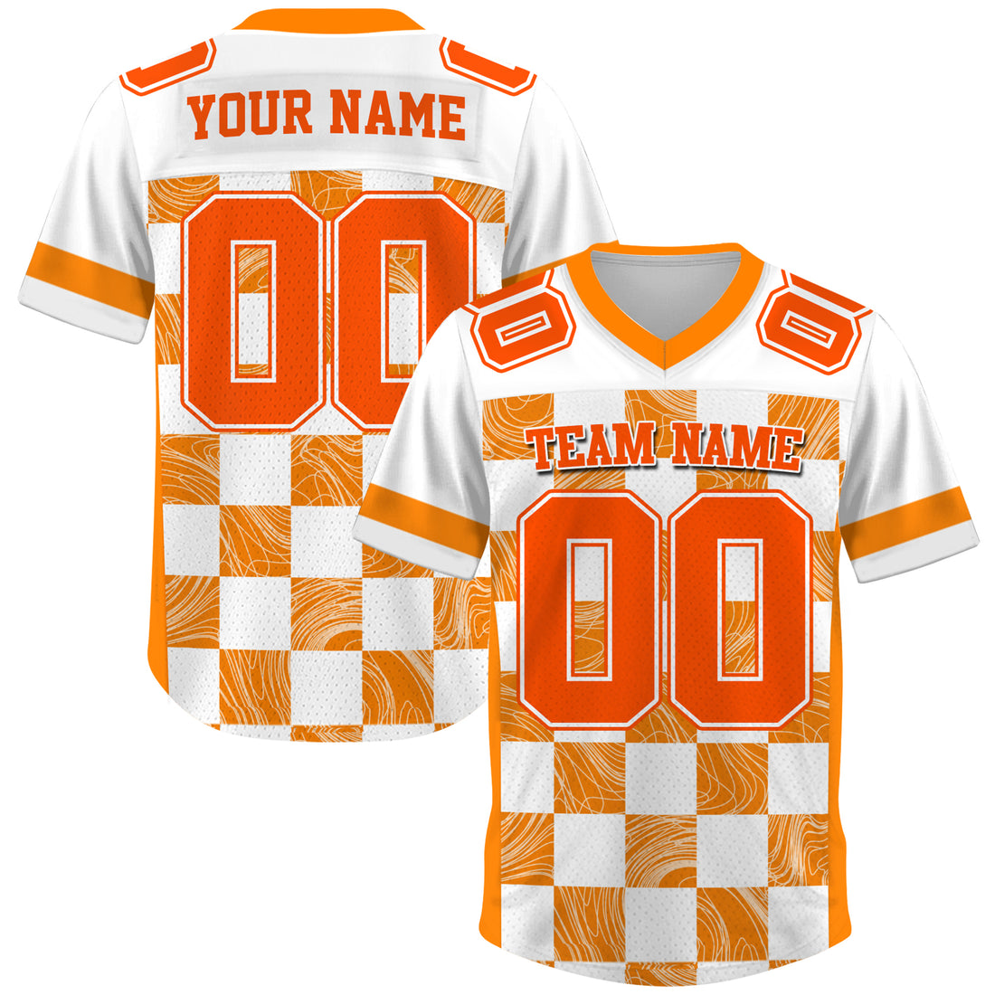 Custom White Orange Chess Pattern Football Jersey, Personalized Concert Outfit Football Fan Tee