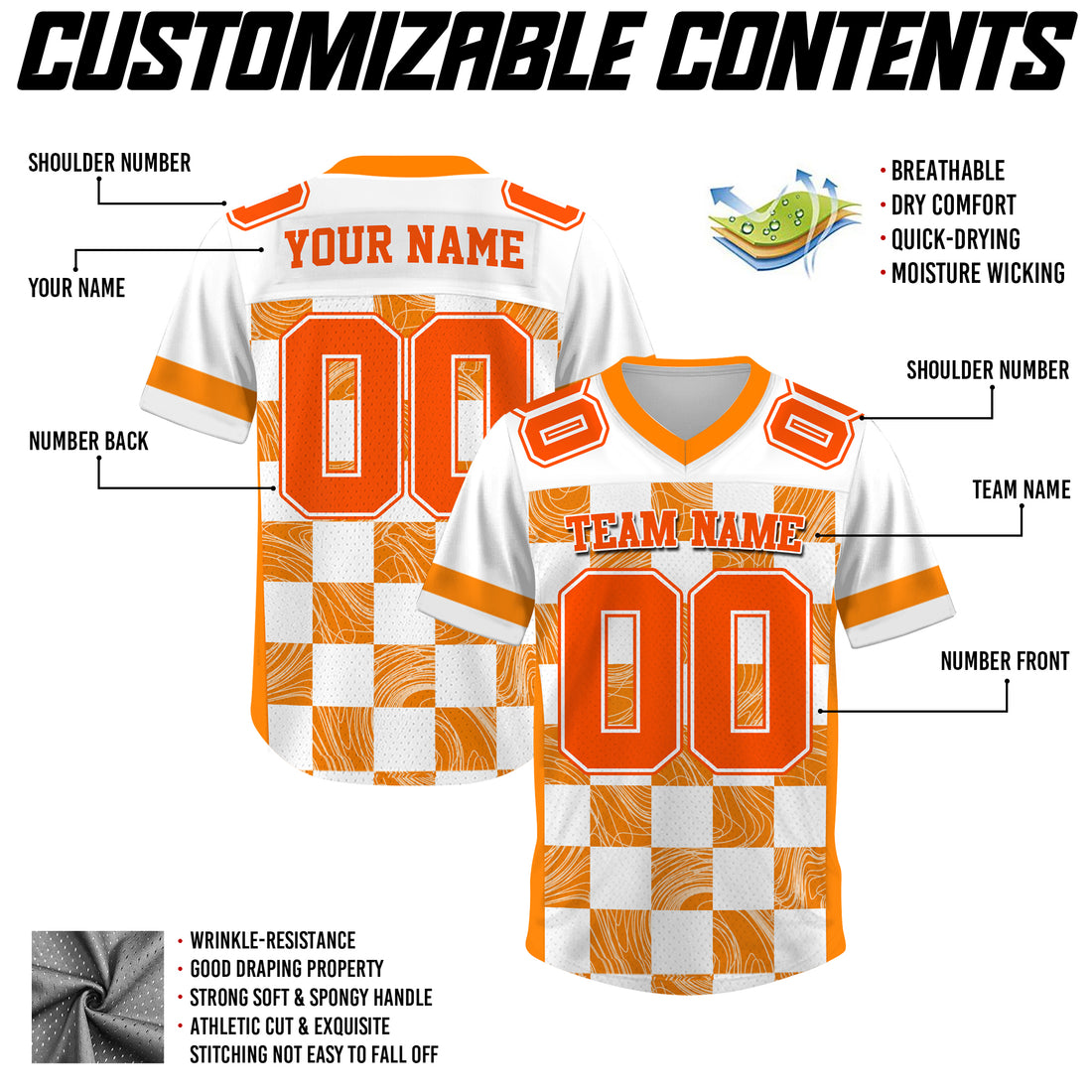 Custom White Orange Chess Pattern Football Jersey, Personalized Concert Outfit Football Fan Tee