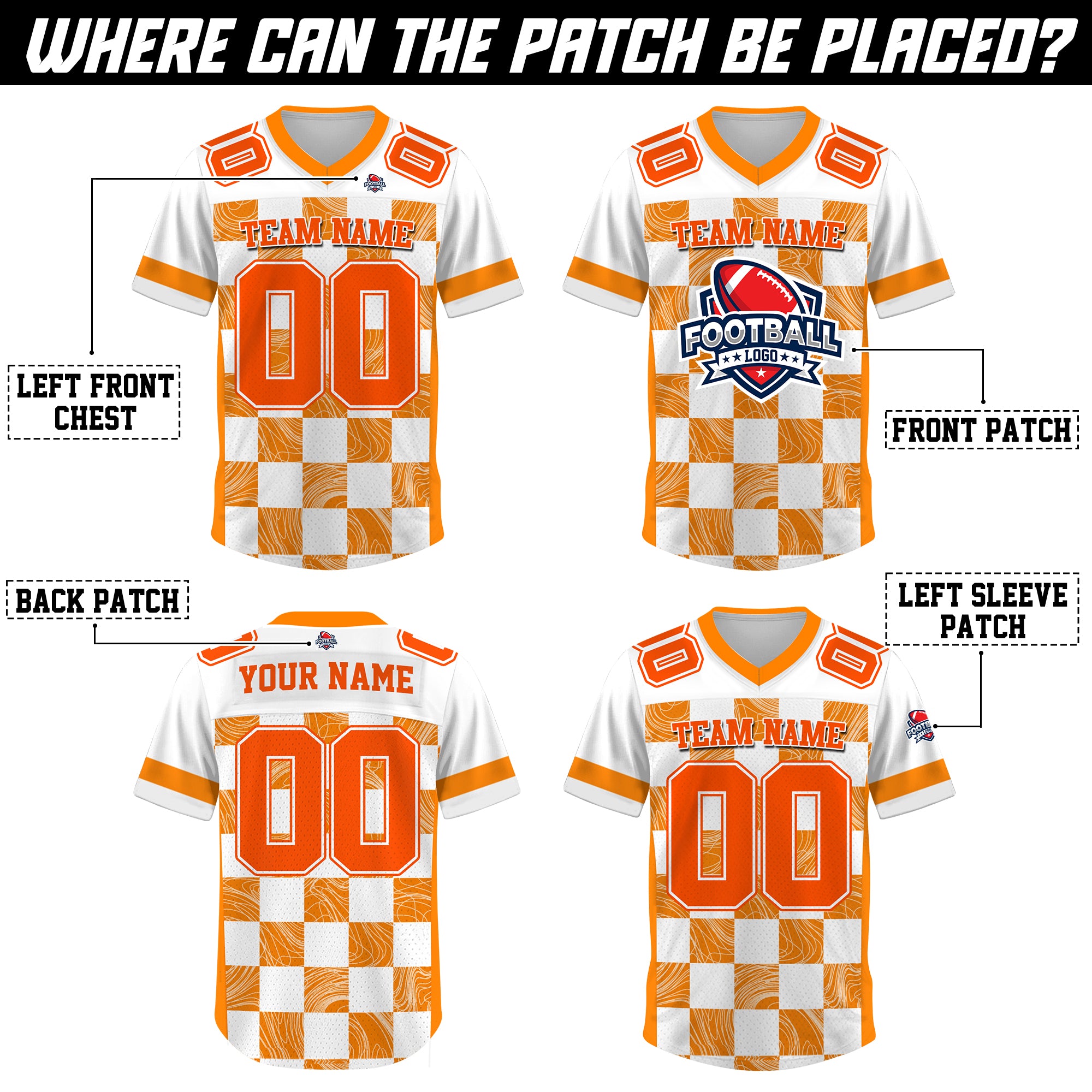 Custom White Orange Chess Pattern Football Jersey, Personalized Concert Outfit Football Fan Tee