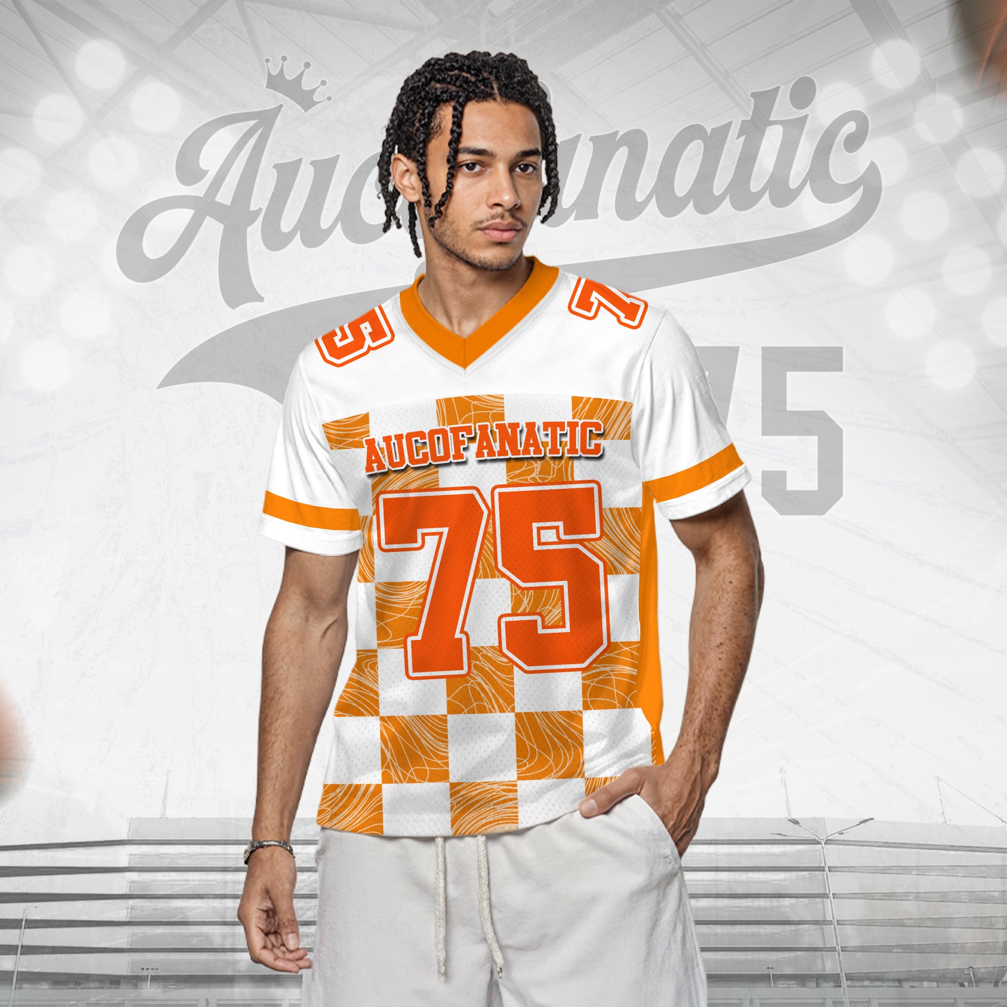 Custom White Orange Chess Pattern Football Jersey, Personalized Concert Outfit Football Fan Tee