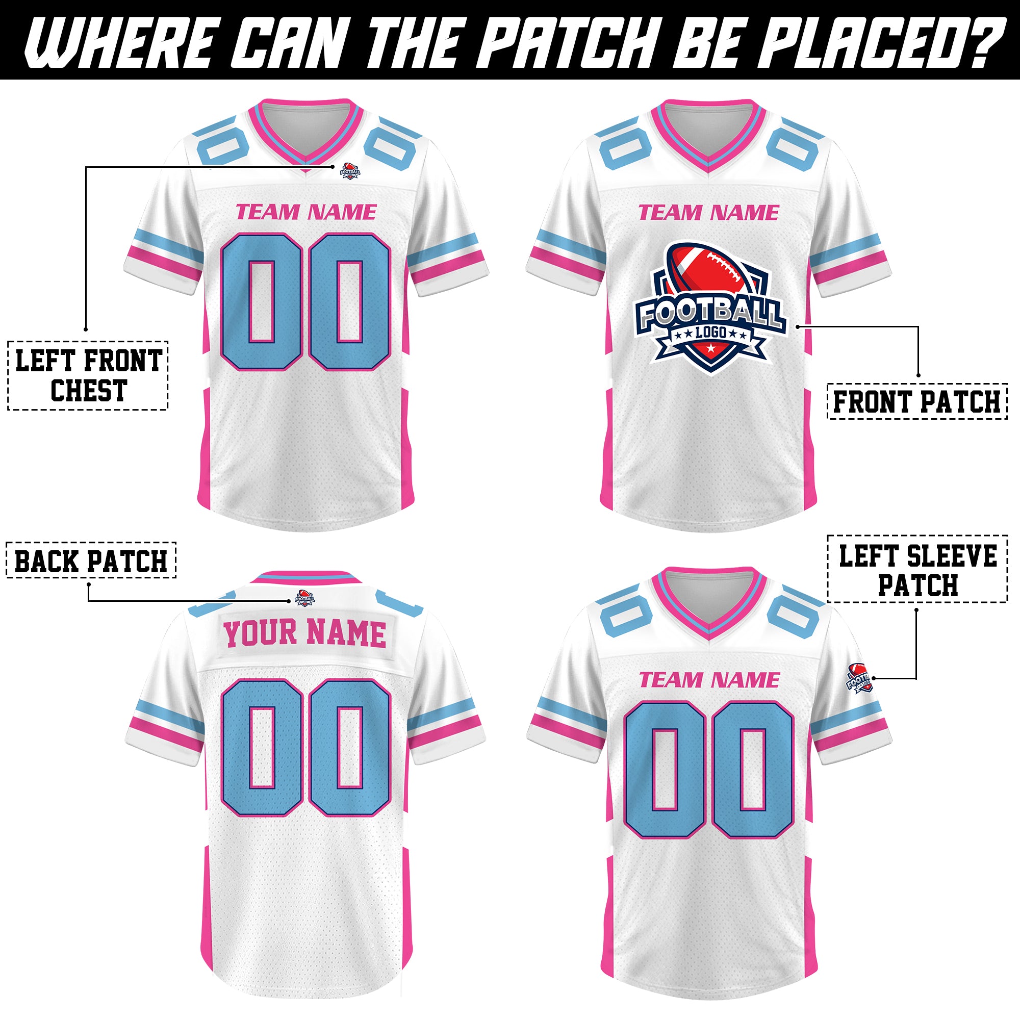 Custom White Pink Blue Football Jersey, Custom Football Jersey For Men Women Youth Kid
