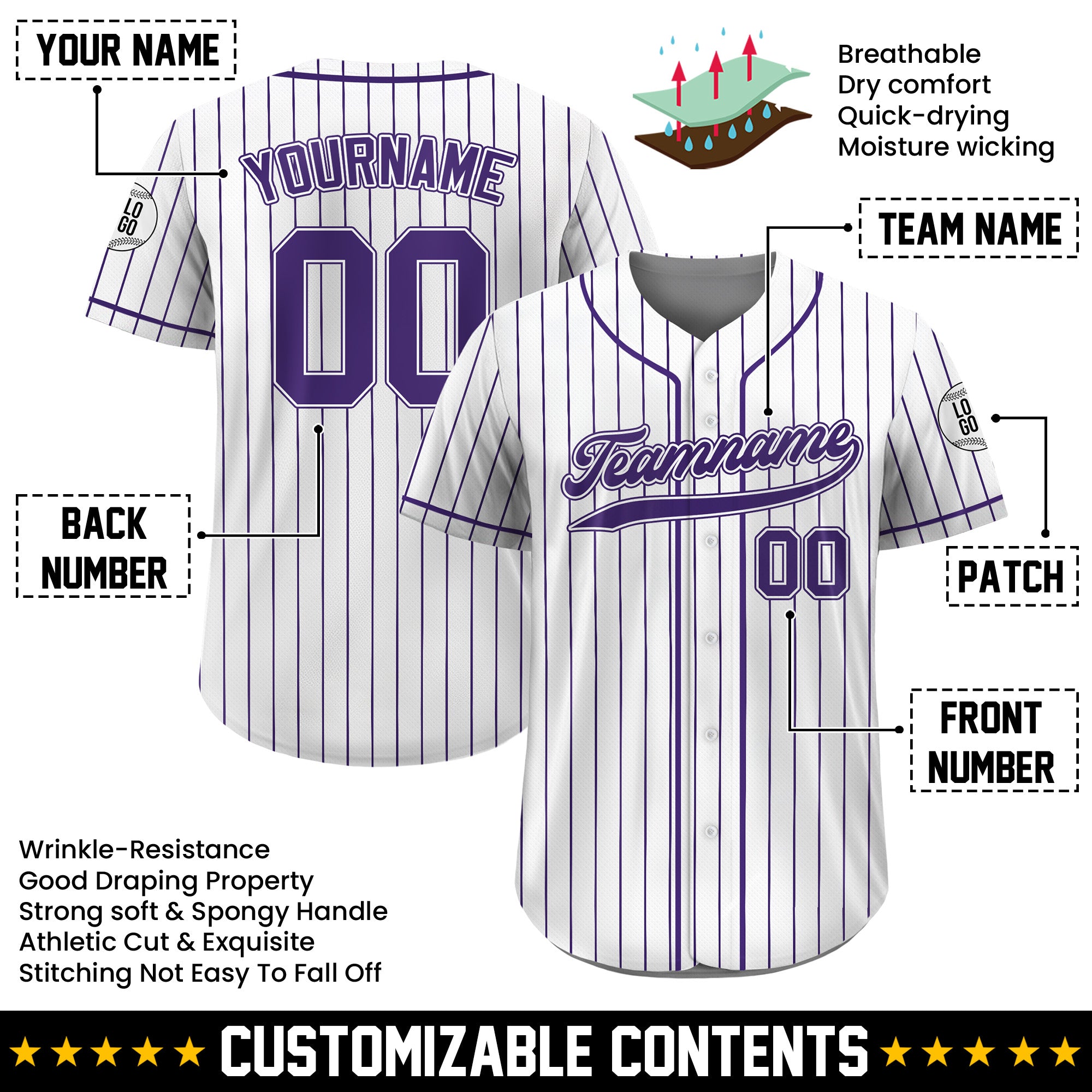 Custom White Purple Pinstripe Baseball Jersey