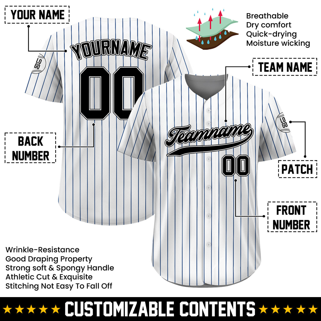 Custom White and Black Pinstripe Baseball Jersey, Custom Team Name Number Logo Baseball Jersey