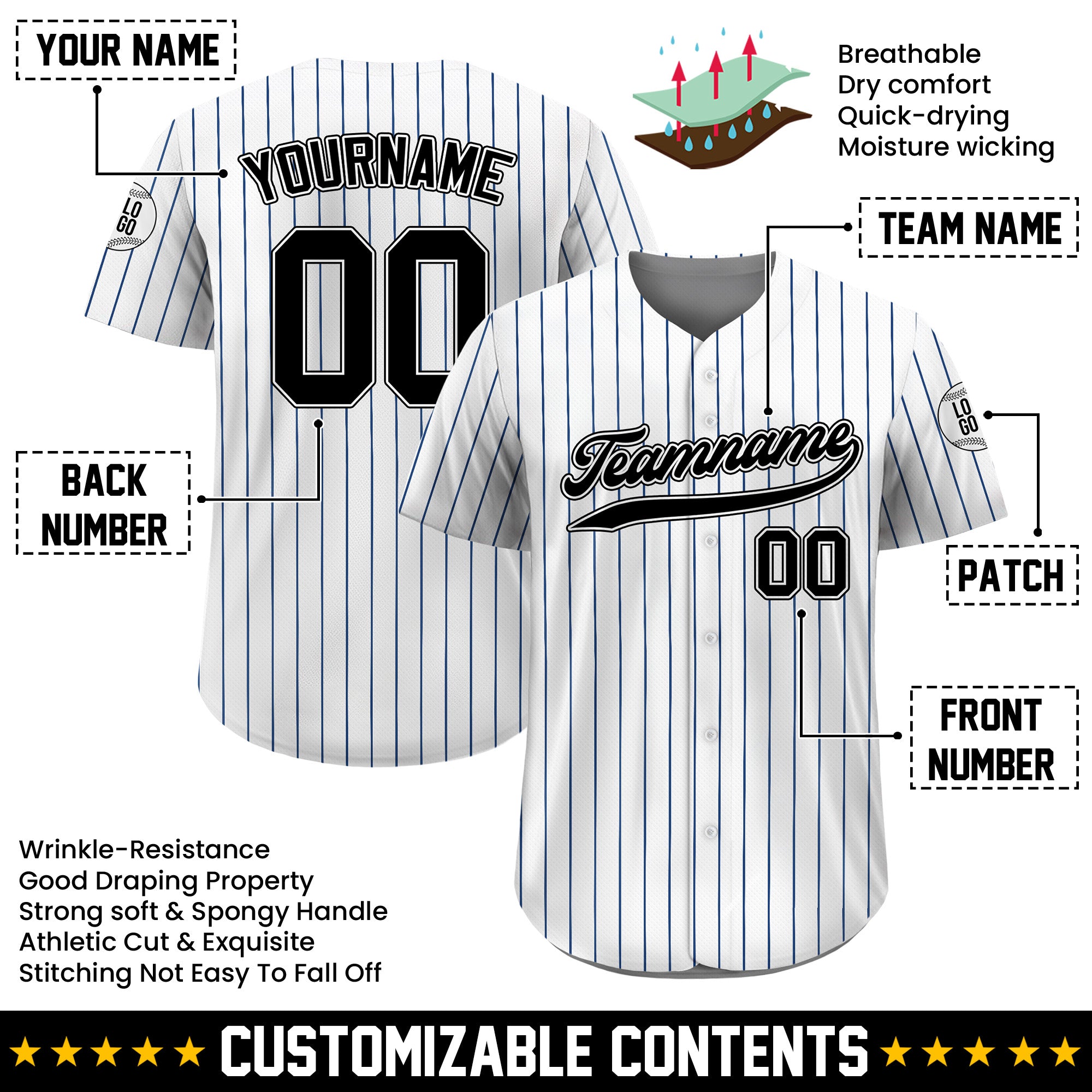 Custom White and Black Pinstripe Baseball Jersey, Custom Team Name Number Logo Baseball Jersey