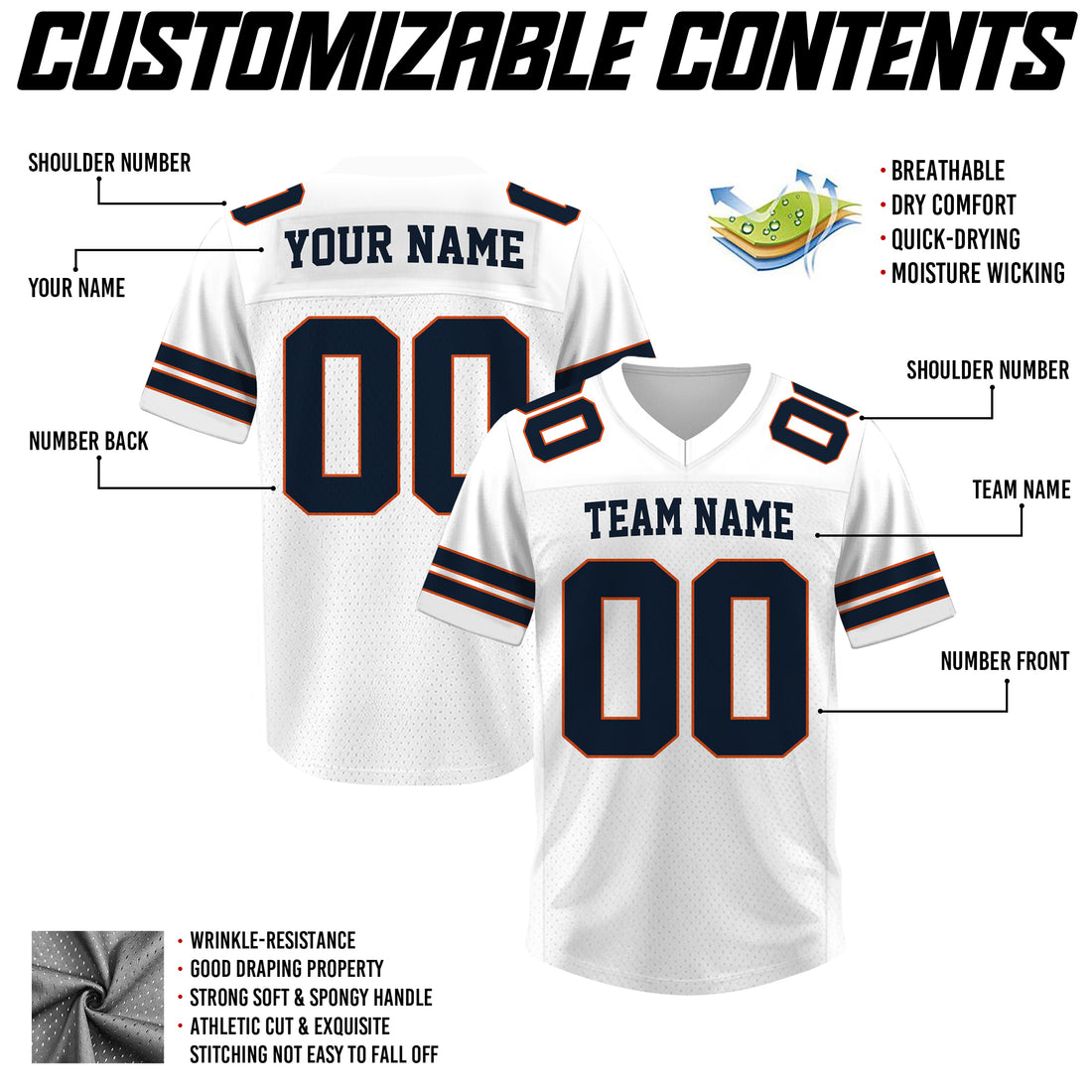 Custom White and Navy Football Jersey, Personalized Football Jerseys For Men Women