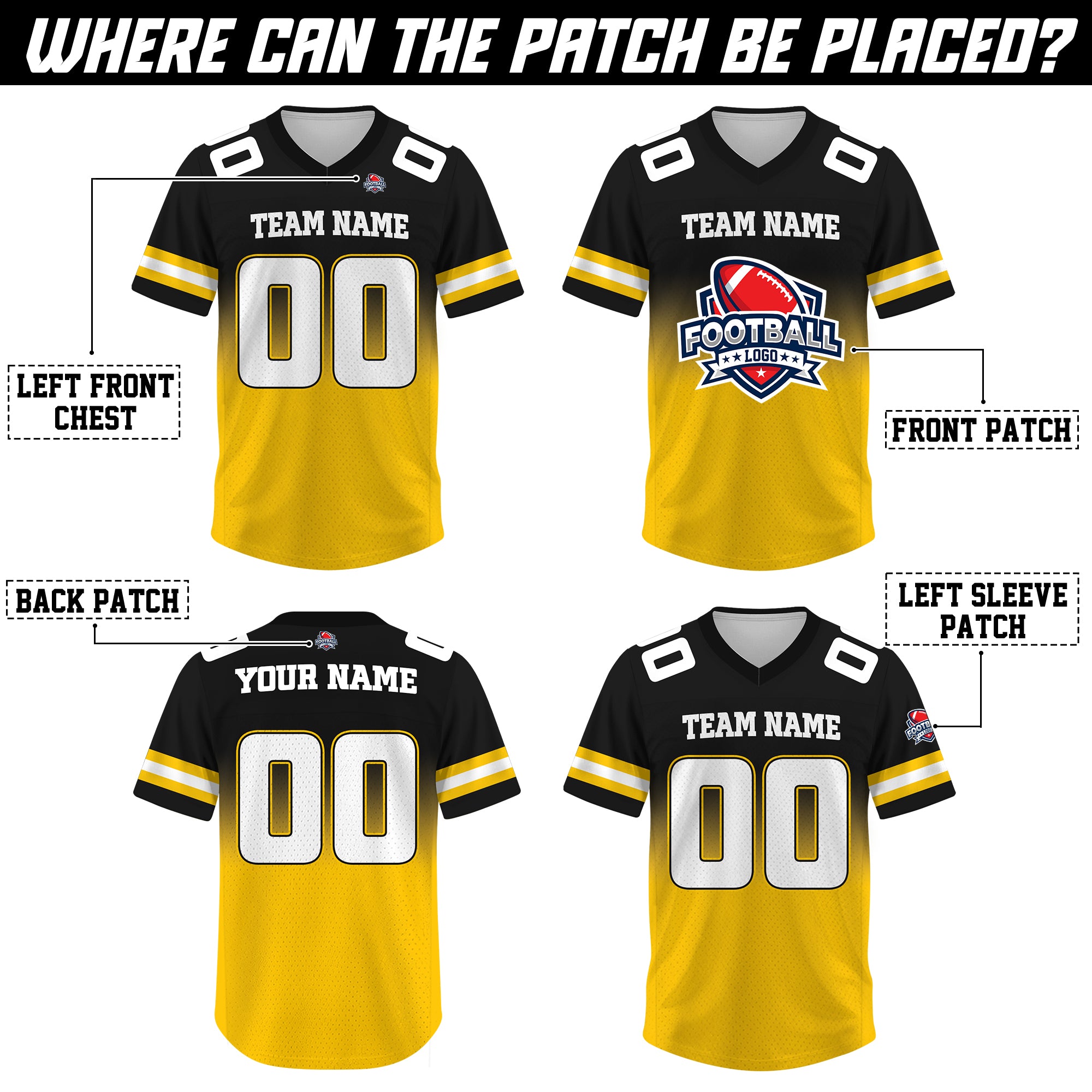 Custom Yellow Black Gradient Football Jersey, Personalized Team Name Number Football Jersey for Men Women Youth