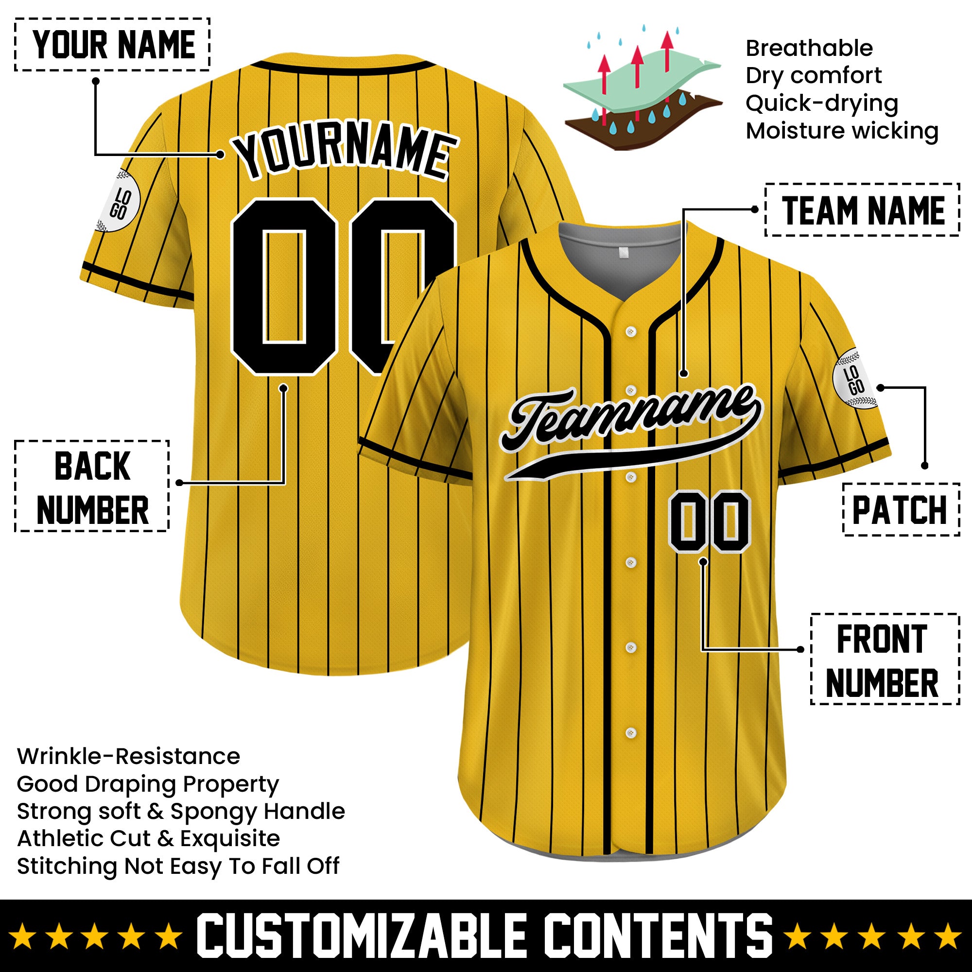 Custom Yellow Black Striped Baseball Jersey