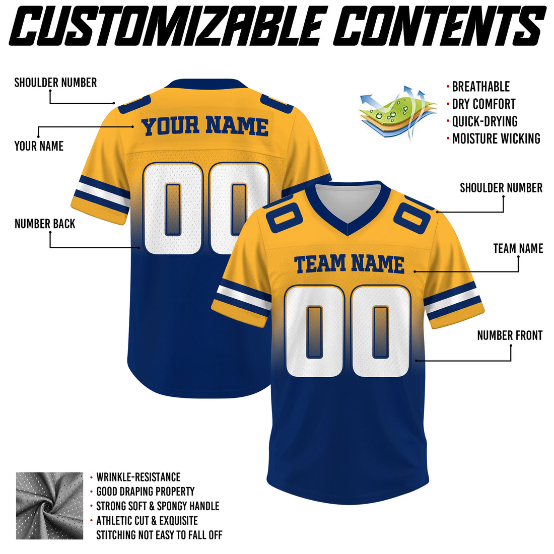 Custom Yellow Blue Gradient Football Jersey, Personalized Team Name Number Football Jersey for Men Women Youth