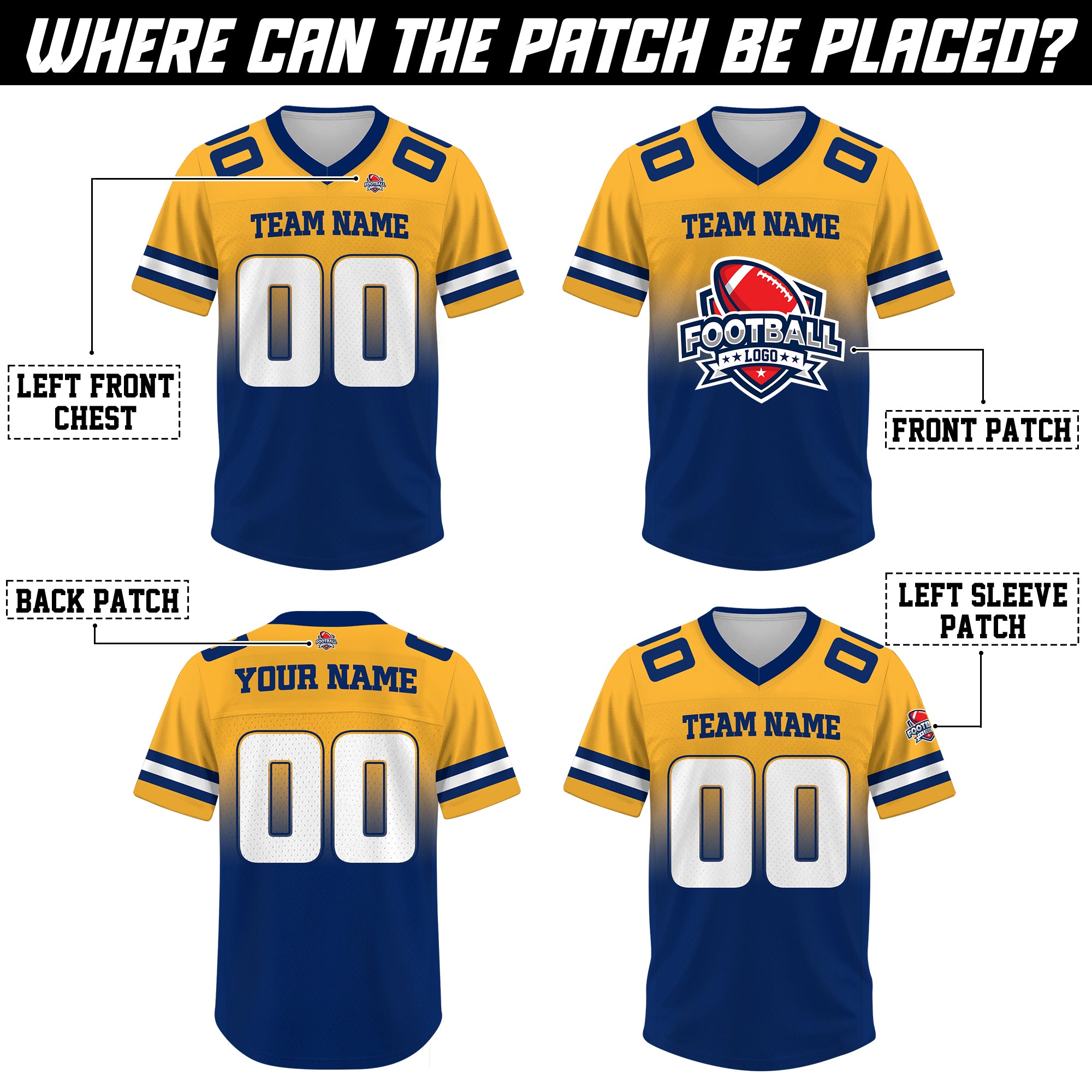 Custom Yellow Blue Gradient Football Jersey, Personalized Team Name Number Football Jersey for Men Women Youth