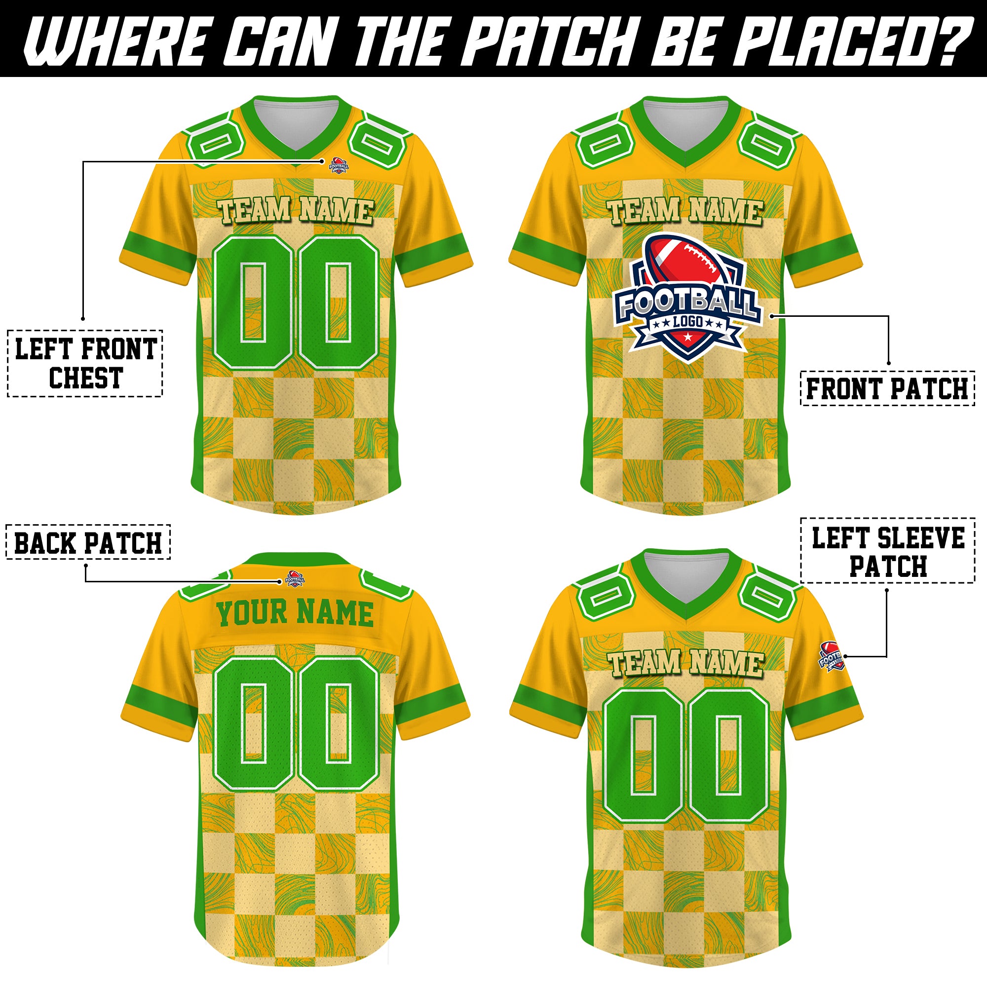 Custom Yellow Green Chess Pattern Football Jersey, Personalized Concert Outfit Football Fan Tee