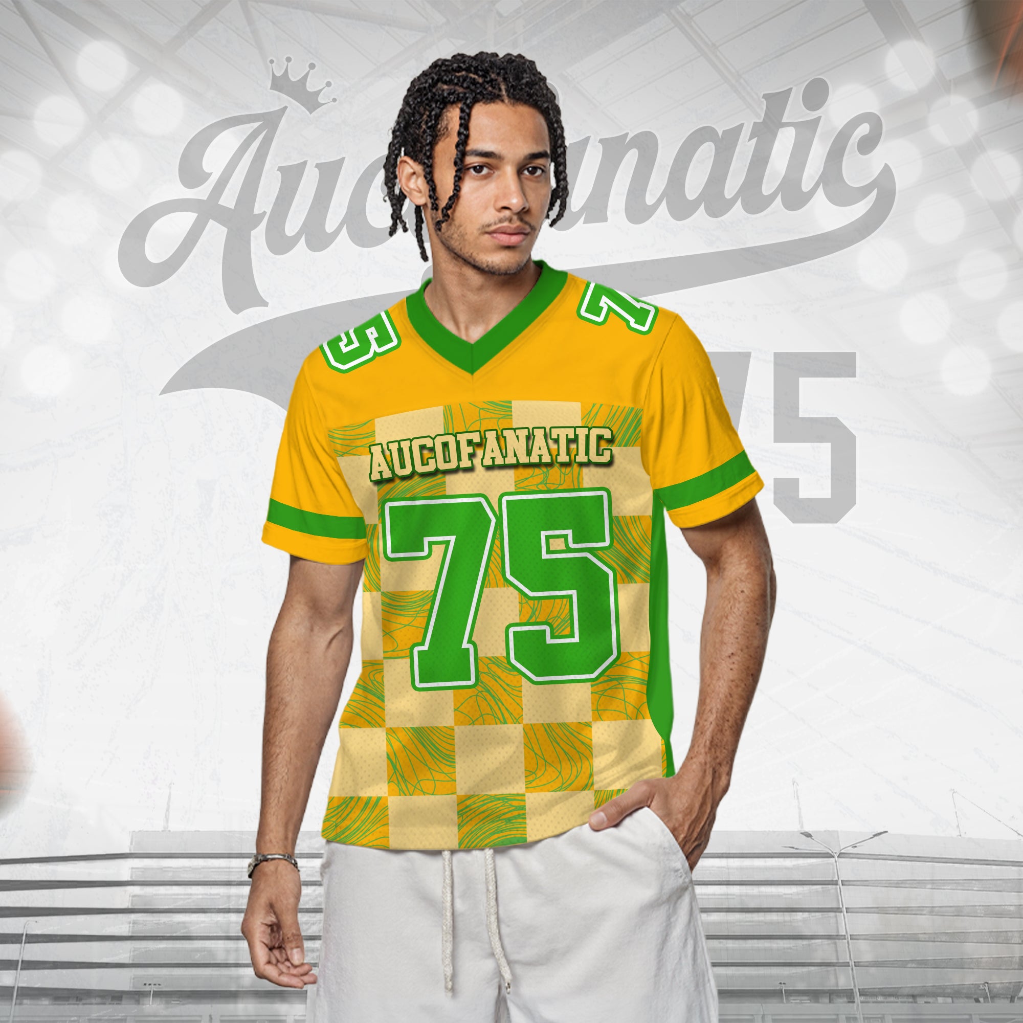 Custom Yellow Green Chess Pattern Football Jersey, Personalized Concert Outfit Football Fan Tee