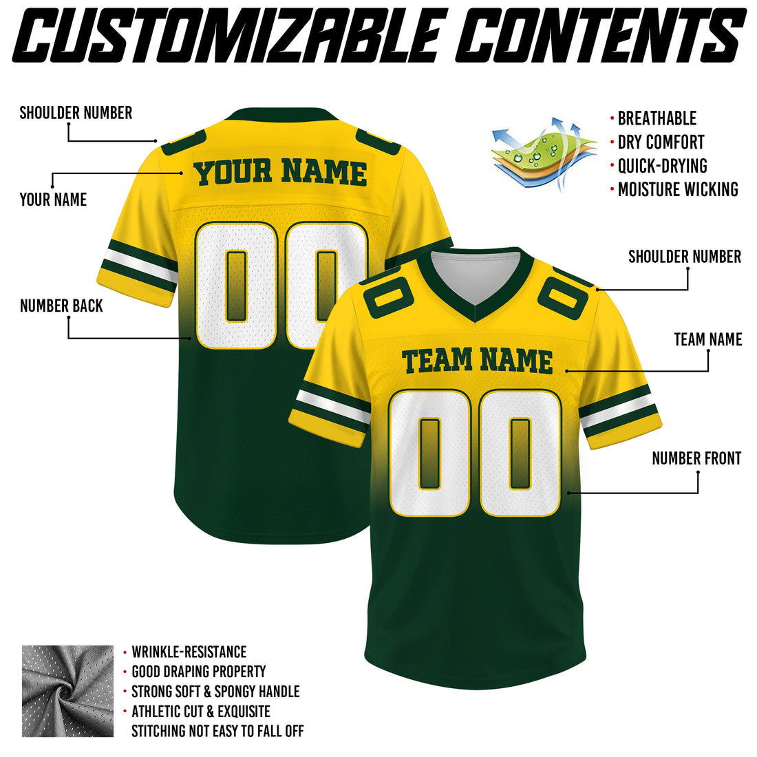Custom Yellow Green Gradient Football Jersey, Personalized Team Name Number Football Jersey for Men Women Youth