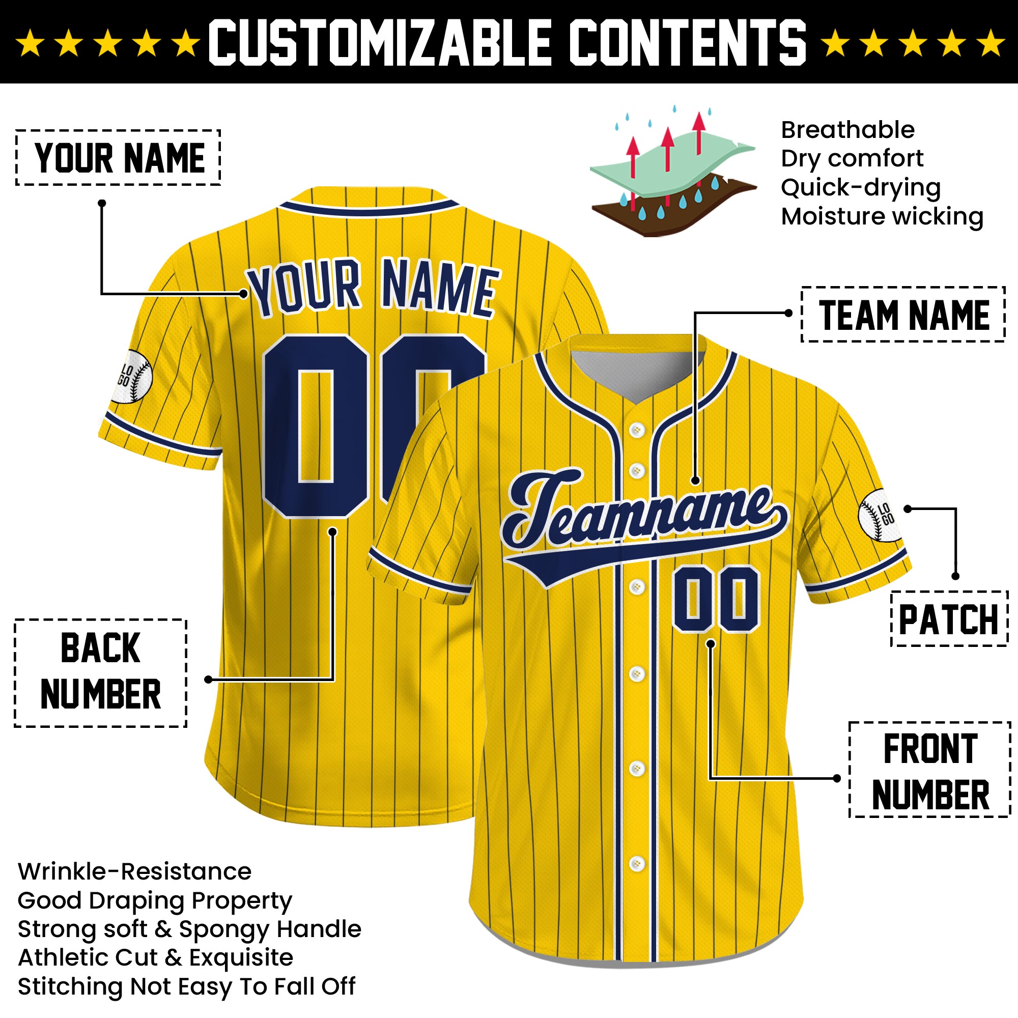 Custom Yellow Navy Pinstripe Baseball Jersey, Personalized Team Name & Number Jersey for Men Women Youth