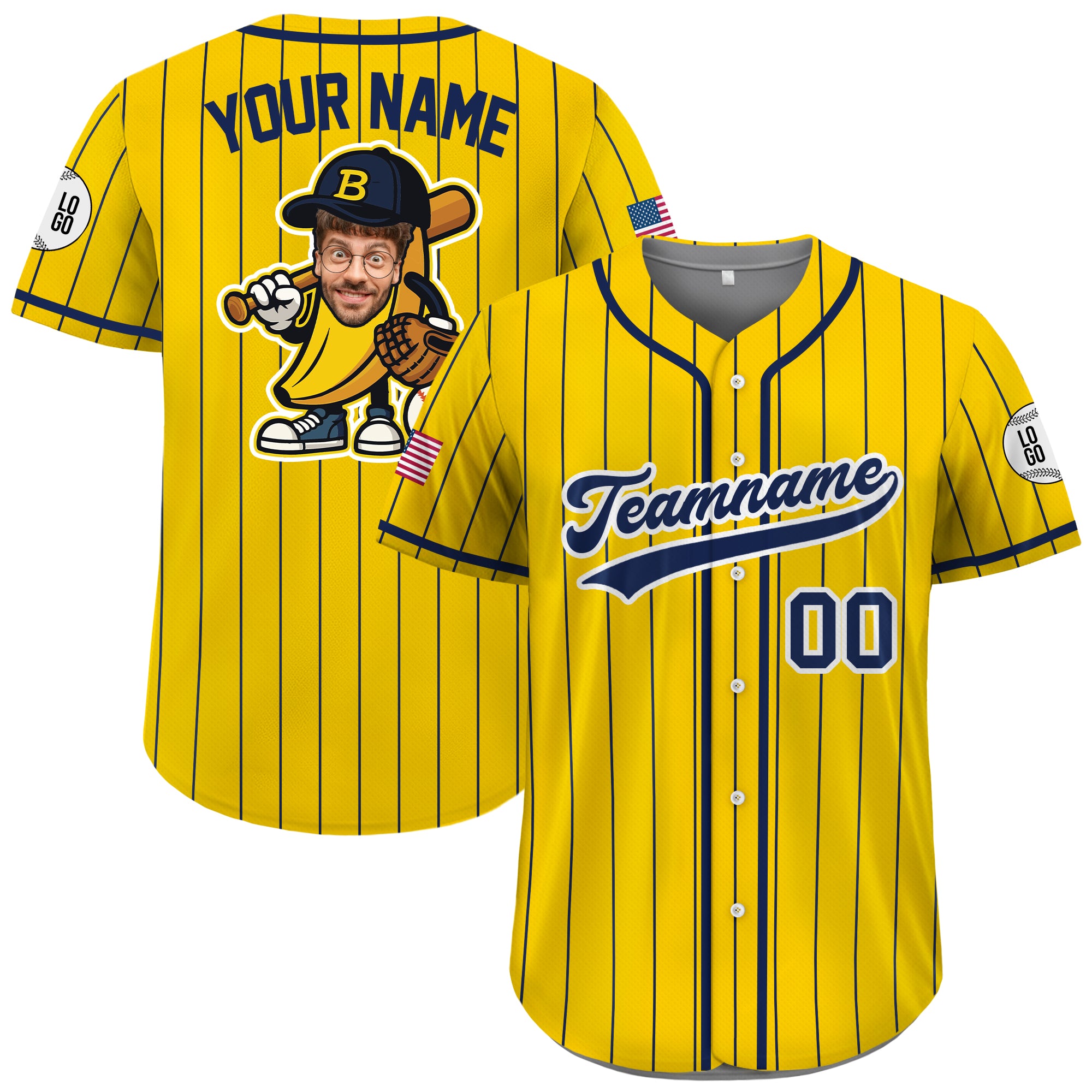 Custom Yellow Pinstripe Baseball Jersey with Your Face, Funny Novelty Gift for Men & Women