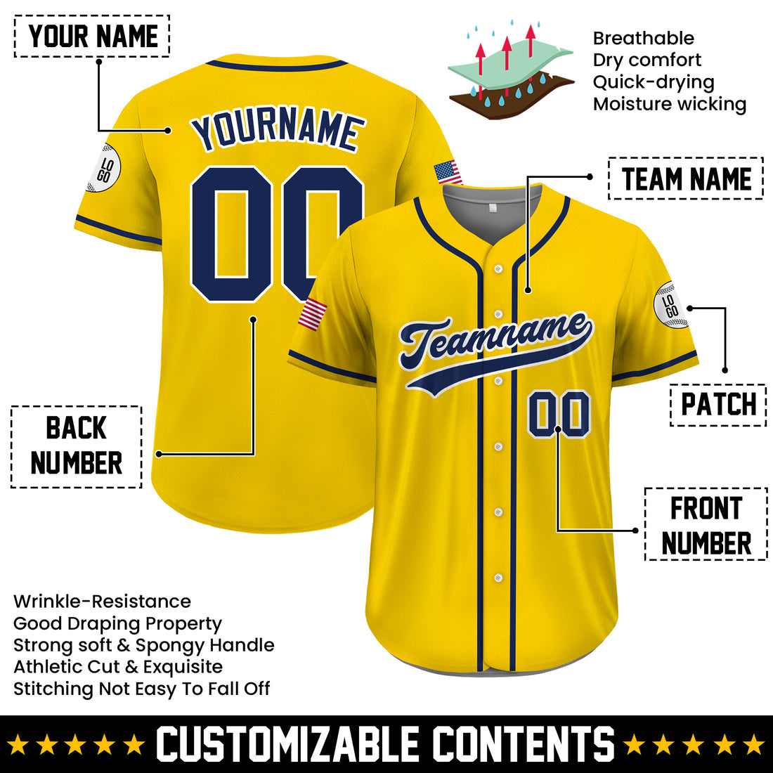 Custom Yellow Solid Baseball Jersey, Personalized Uniform for Men & Women's Teams