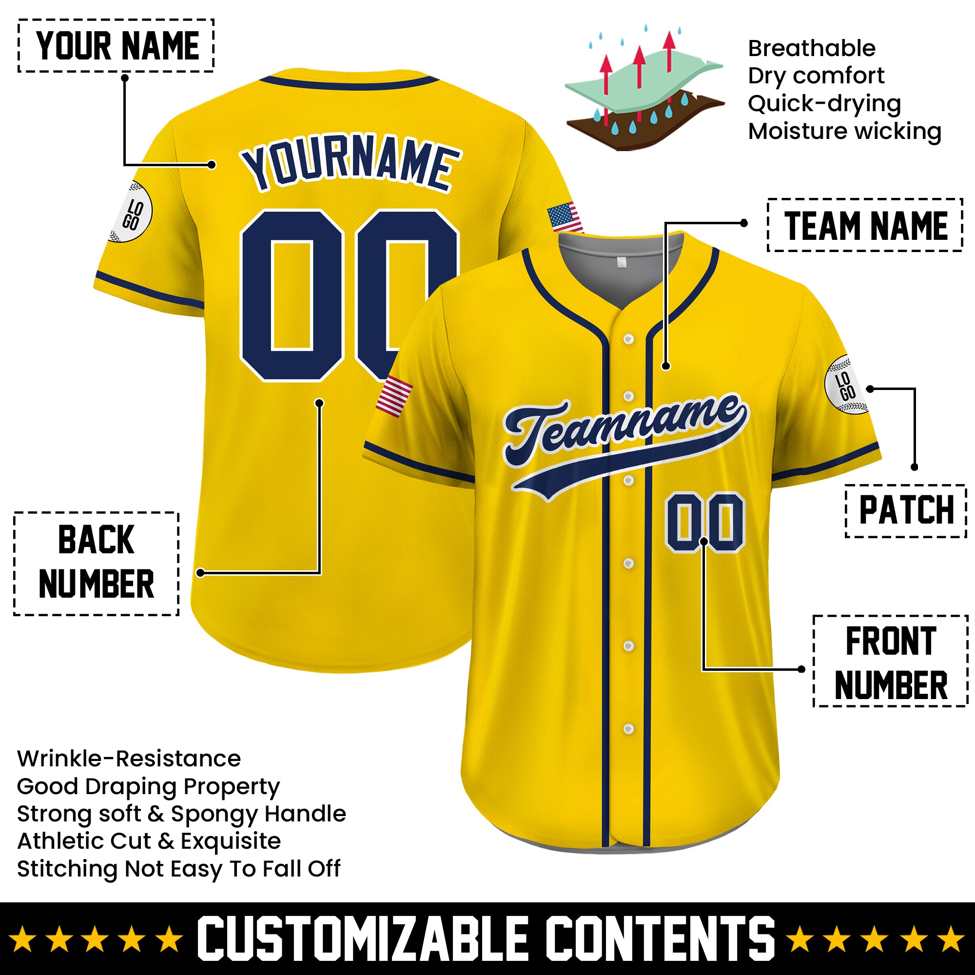 Custom Yellow Solid Baseball Jersey, Personalized Uniform for Men & Women's Teams