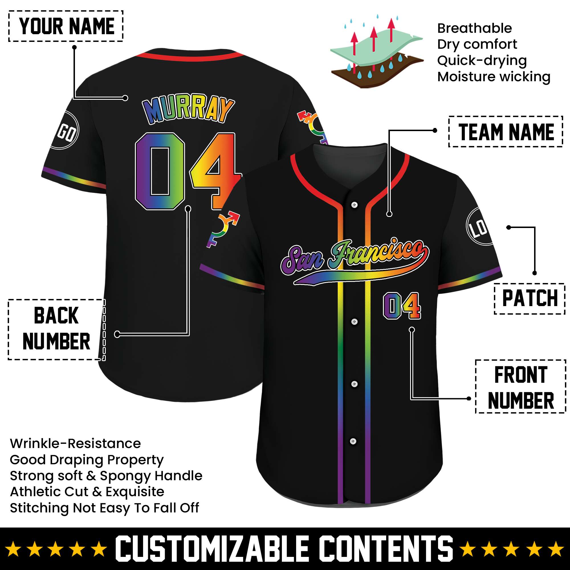 Equality Black Rainbow Pride Custom Baseball Jersey