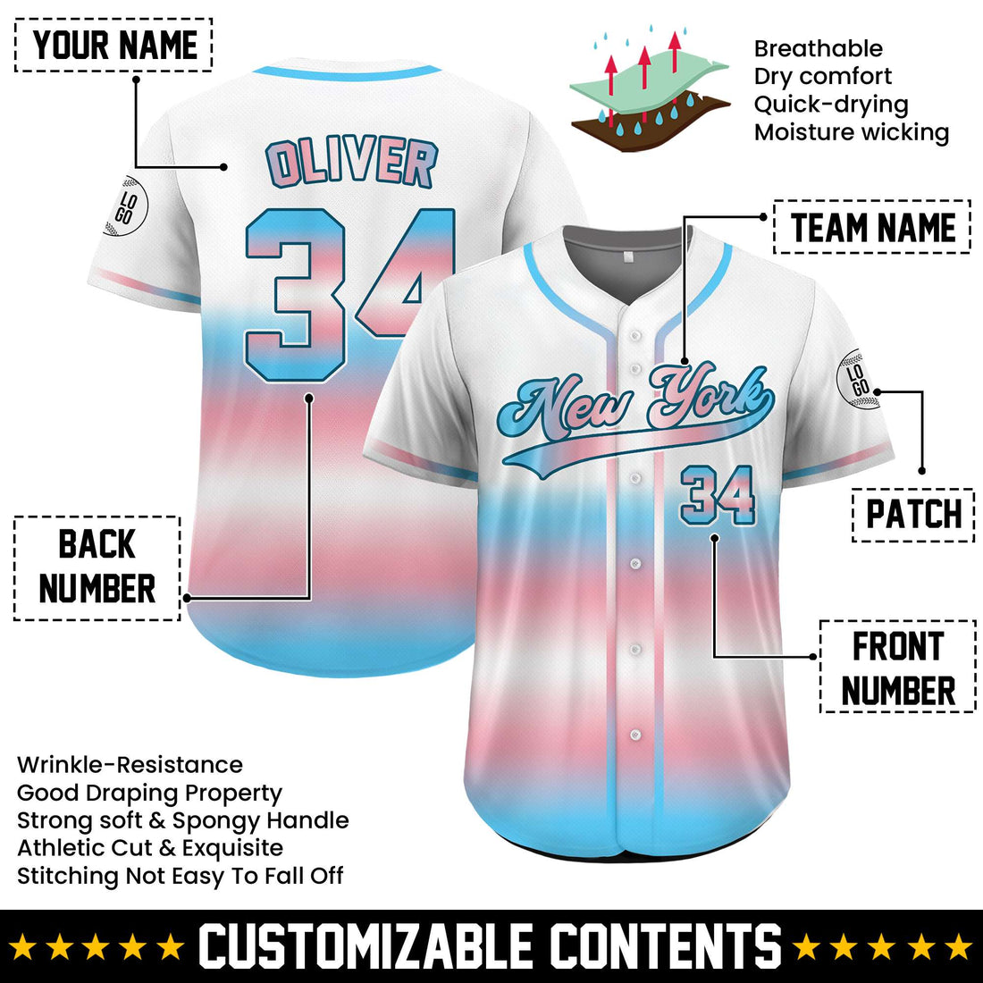 Gradient Transgender Colors Custom Baseball Jersey